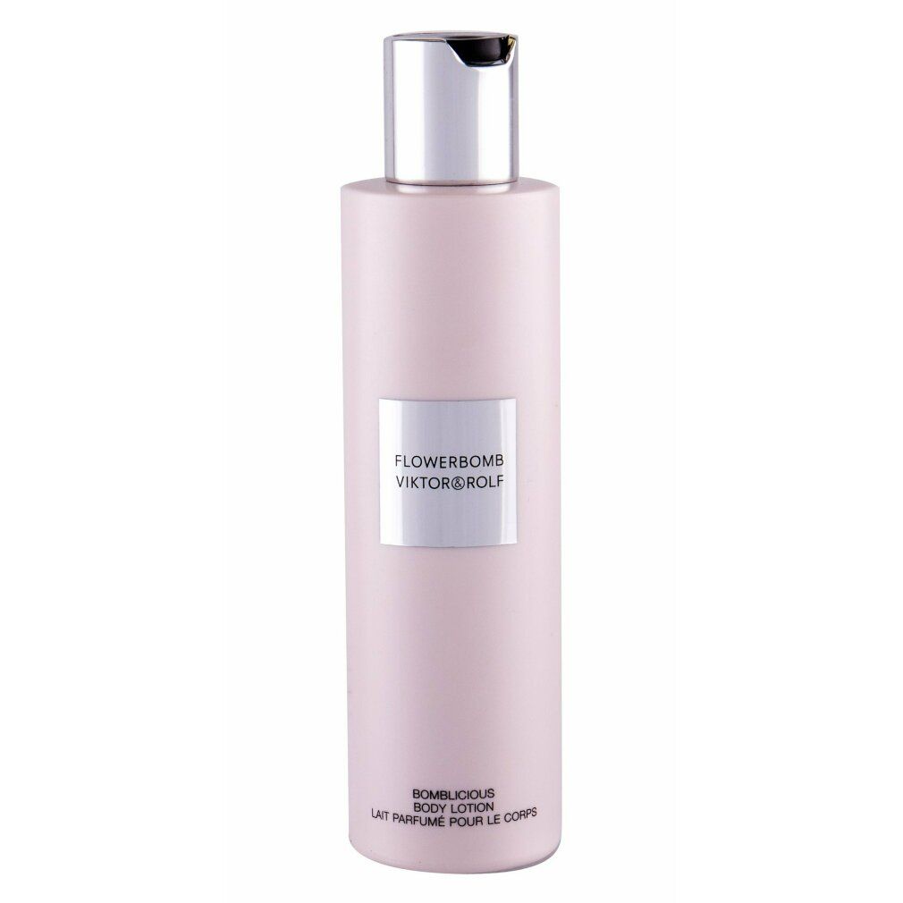 Rosa Körperlotion-Flasche mit silbernem Verschluss. Aufkleber mit Produktnamen und Marke.