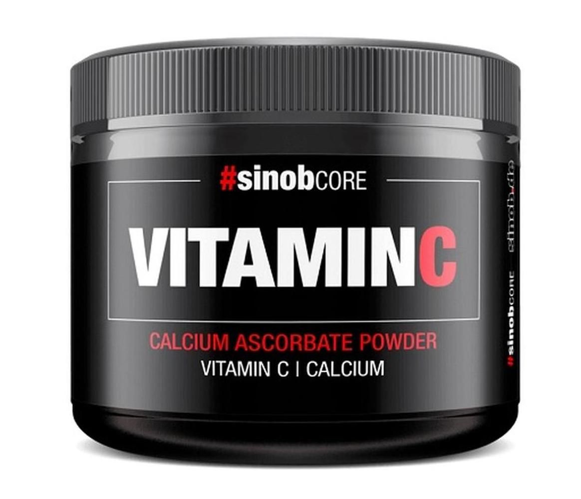 Schwarze Dose mit Etikett. Aufschrift: Vitamin C Calcium Ascorbat Pulver. #sinobCORE Logo. Deckel und Dose sind schwarz.