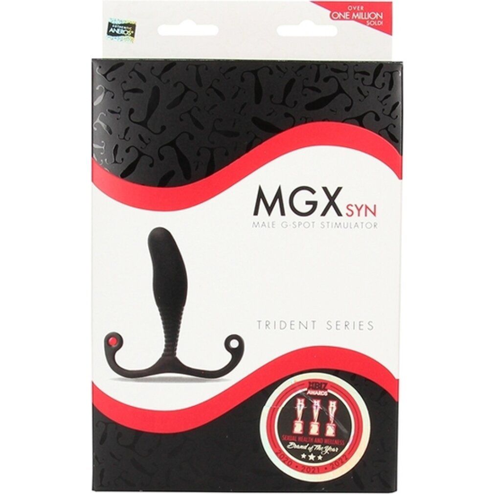Verpackung für ein Stimulationsgerät. Aufschrift: MGX SYN Male G-Spot Stimulator. Trident Series. Auszeichnungen.