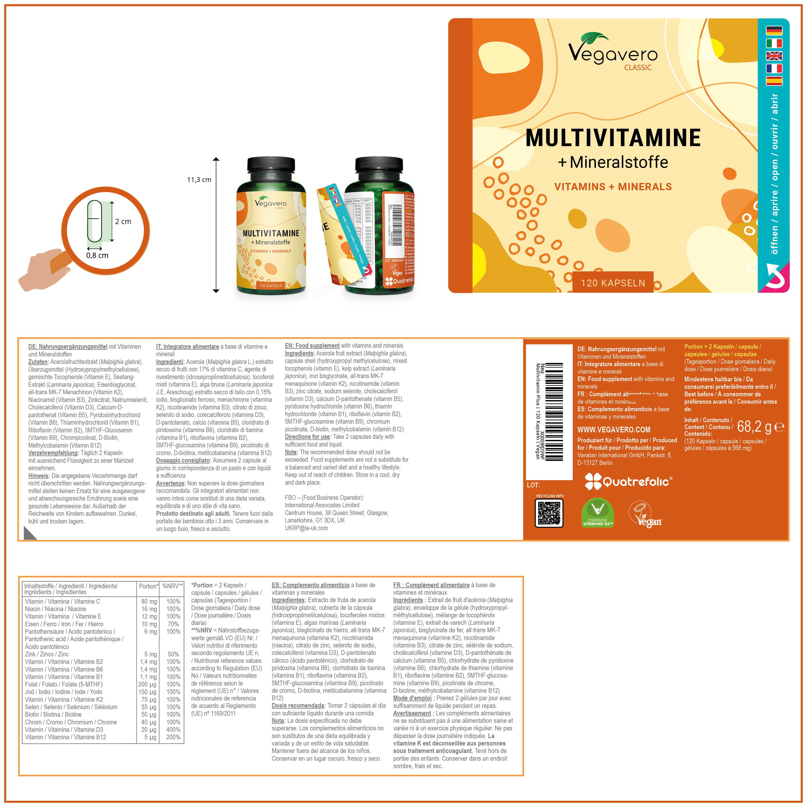 Produktabbildung mit Flasche, Kapsel, Verpackung und Etiketten. Enthält Informationen zu Inhaltsstoffen und Nährwerten.