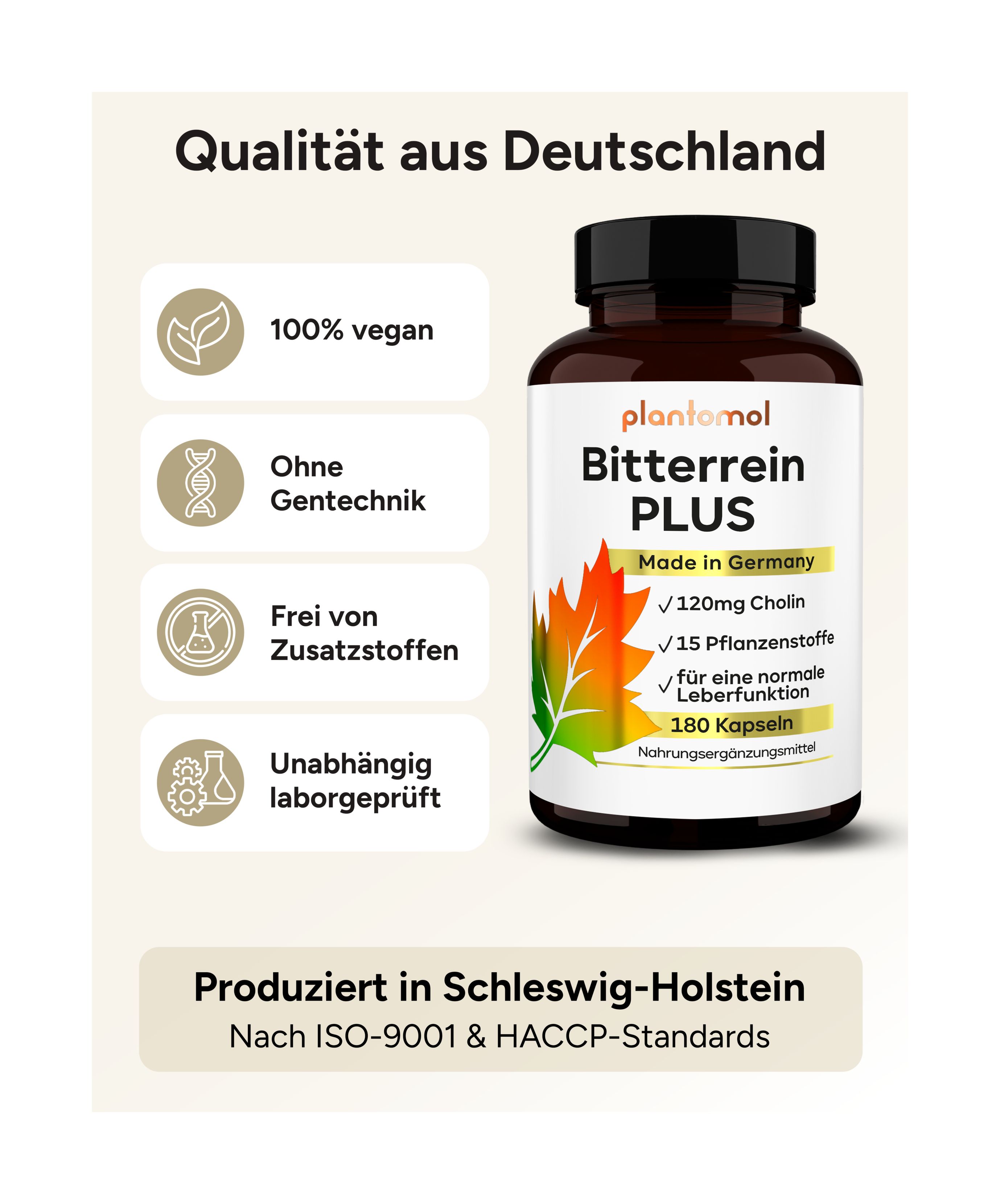 Flasche mit weißem Etikett. Text: Bitterrein PLUS, 180 Kapseln. Qualität aus Deutschland. Vegan, ohne Gentechnik.