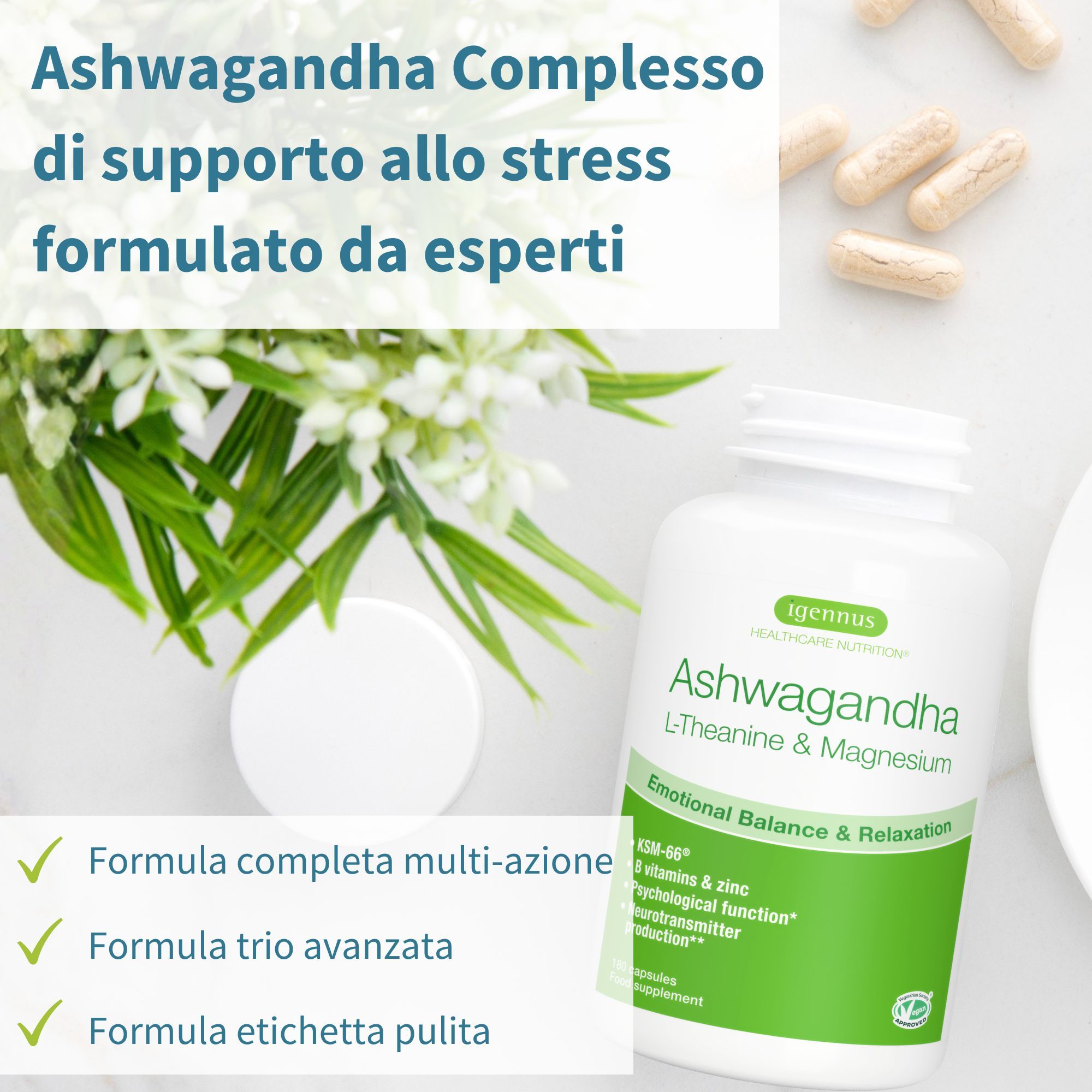 Weiße Flasche mit Kapseln. Text: Ashwagandha, L-Theanin & Magnesium. Grün: Emotional Balance & Relaxation. Igennus Healthcare Nutrition.