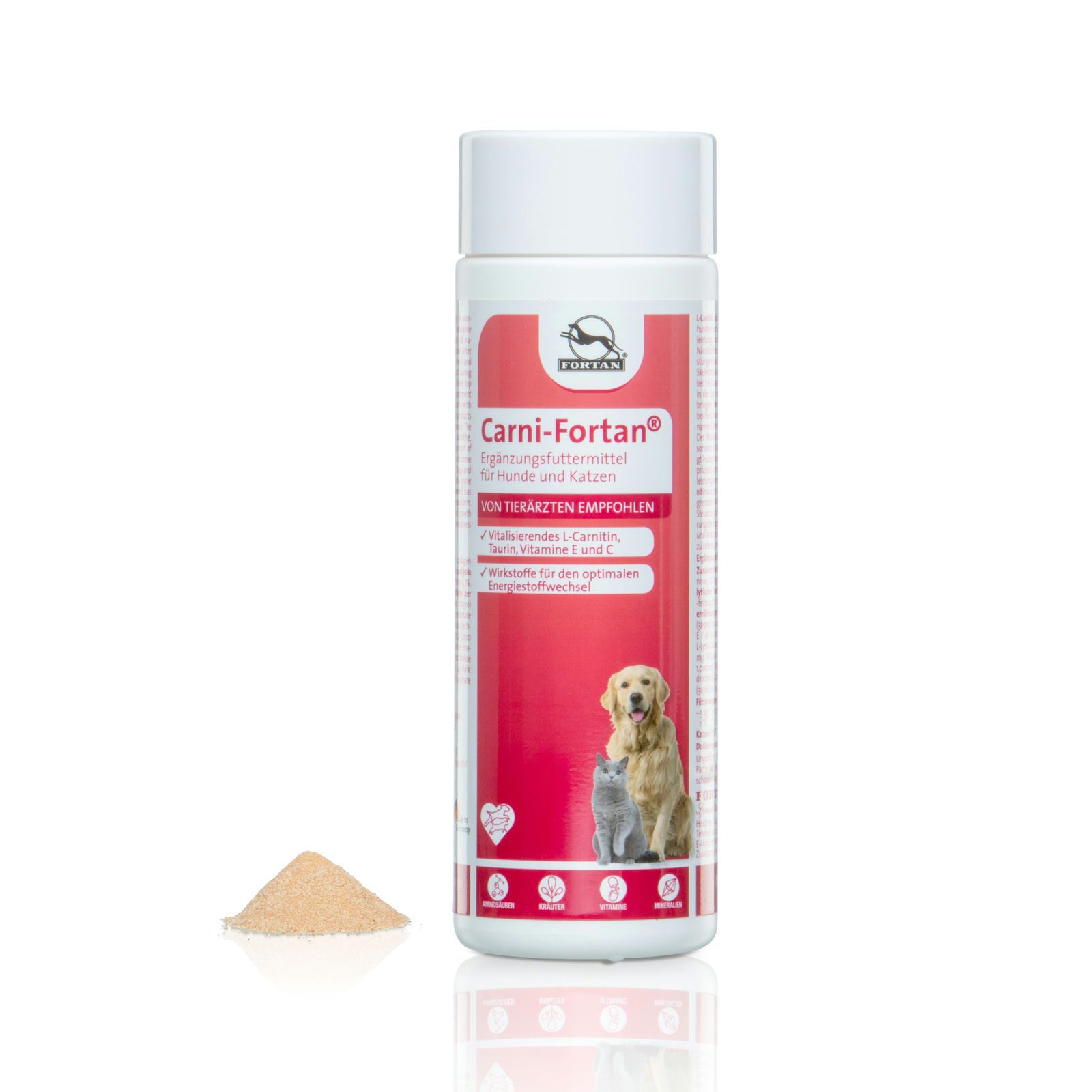 Ergänzungsfutter für Hunde und Katzen. Weiße Flasche mit rotem Etikett. Produktname und Logo sichtbar. Pulver daneben. Hund und Katze.
