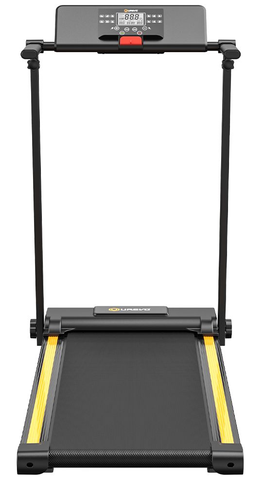 Schwarzes Laufband mit gelben Akzenten. Oberhalb der Lauffläche befindet sich ein Haltegriff mit Bedienelementen. UREVO-Logo sichtbar.