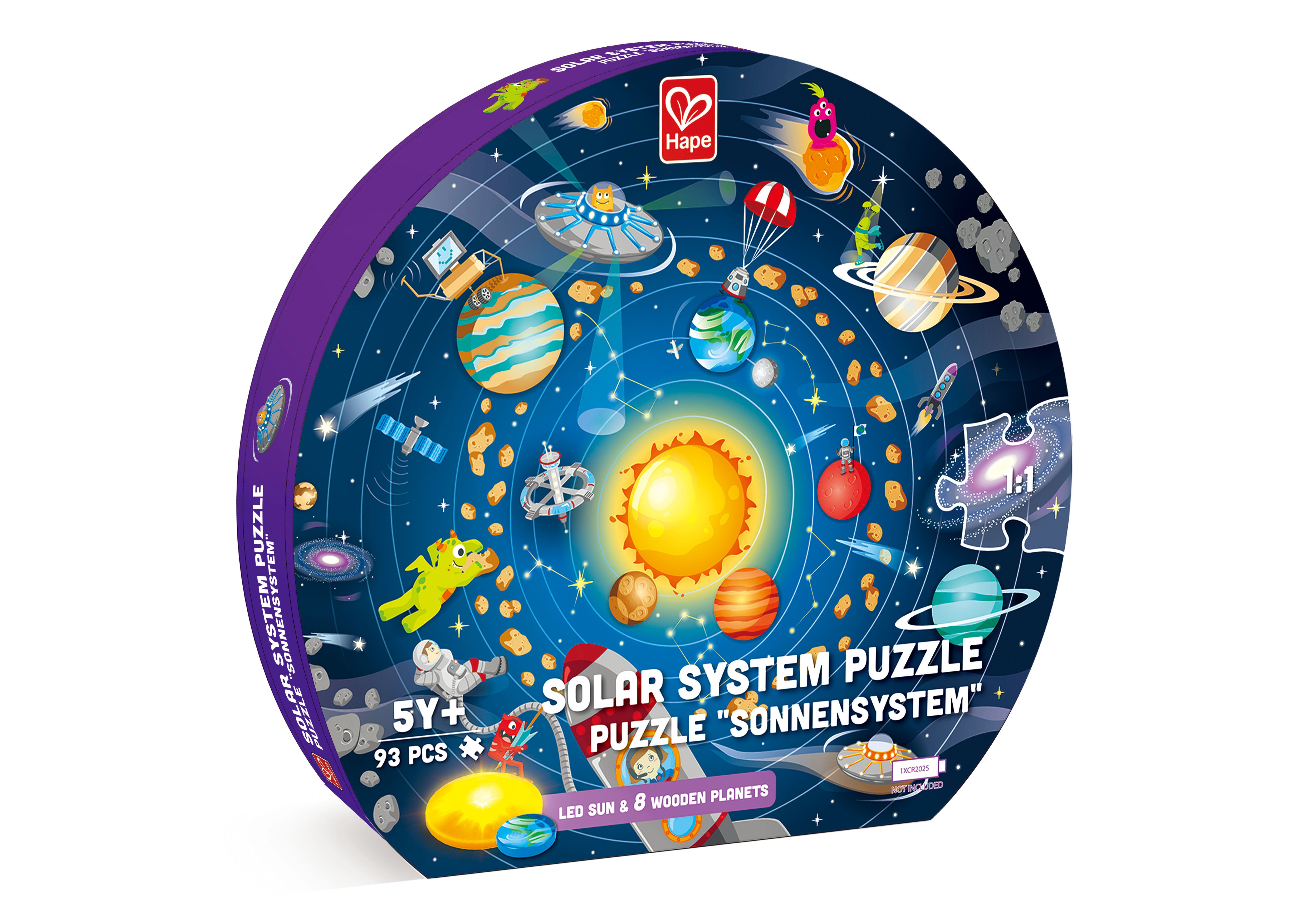 Runde Puzzle-Box mit dem Hape-Logo. Aufdruck: Sonnensystem, 93 Teile, 5+. Enthält LED-Sonne und 8 Holzplaneten.