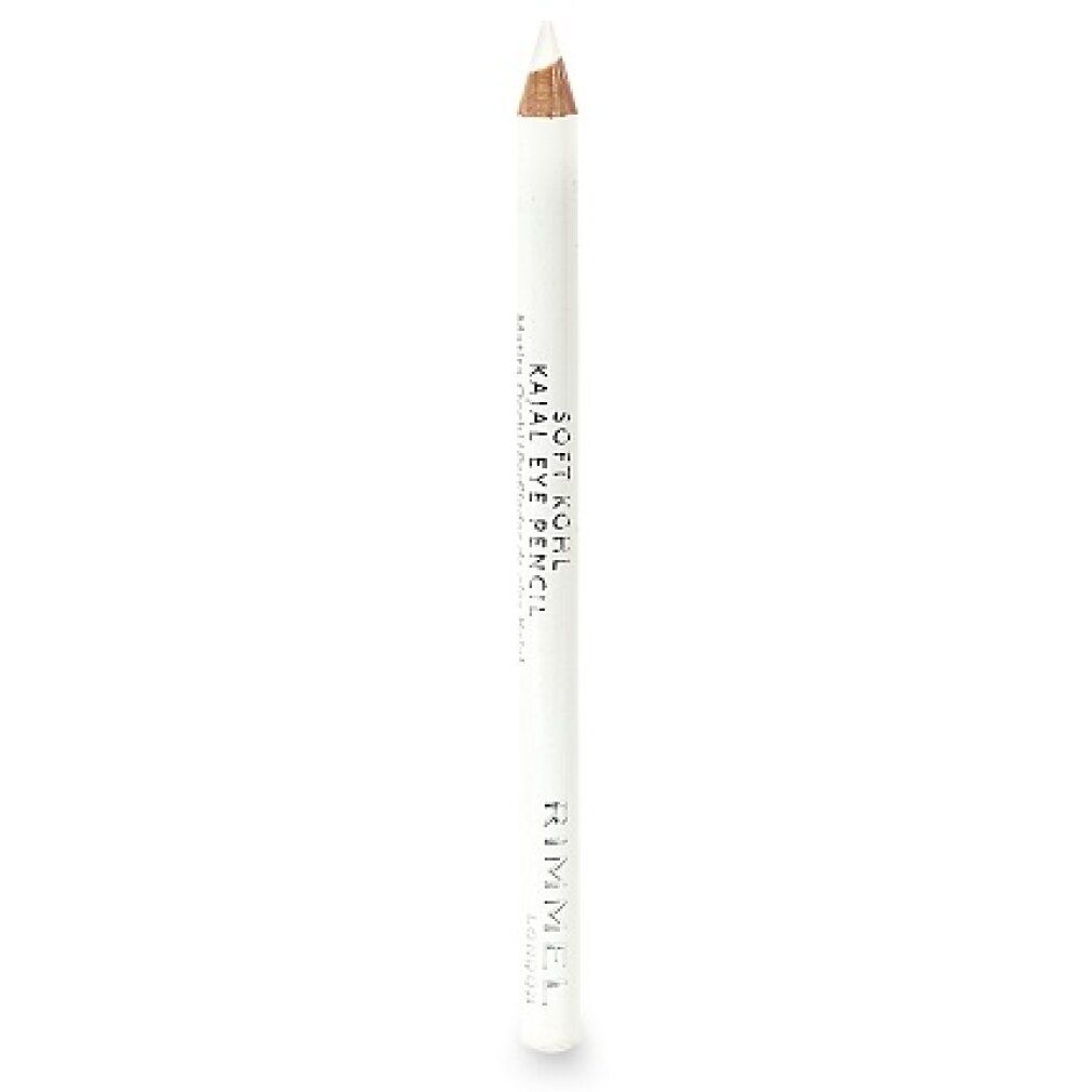 Weißer Kajalstift. Spitze hellbraun. Aufschrift: Rimmel London Soft Khol Kajal Eyeliner Pencil. Marke sichtbar.