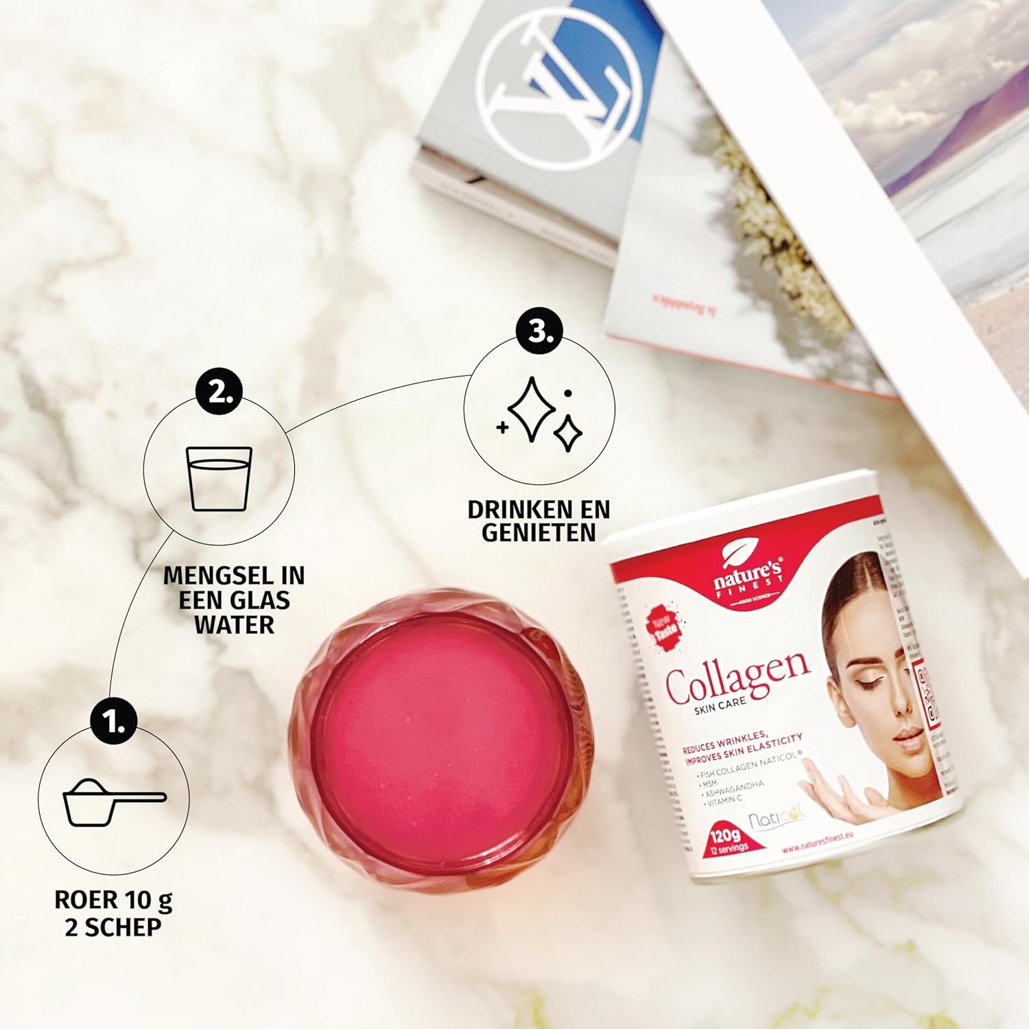Instructies: 1. 10 g poeder. 2. Mengen in glas water. 3. Drinken en genieten. Pot "Kollagen SkinCare".