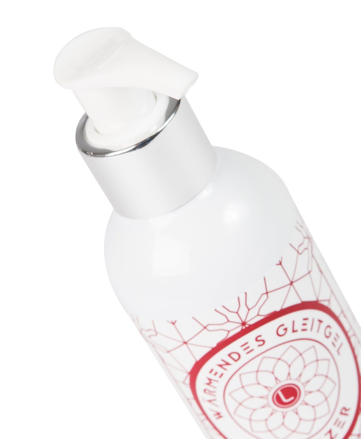 Nahaufnahme einer weißen Flasche mit silbernem Pumpkopf. Rote Aufschrift: Wärmendes Gleitgel Anheizer.