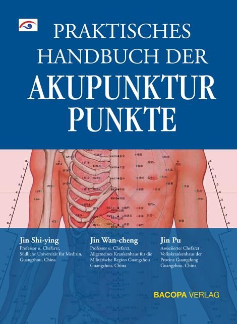 Buchcover: „Praktisches Handbuch der Akupunkturpunkte“. Blau-weißes Design mit Abbildung eines menschlichen Körpers.