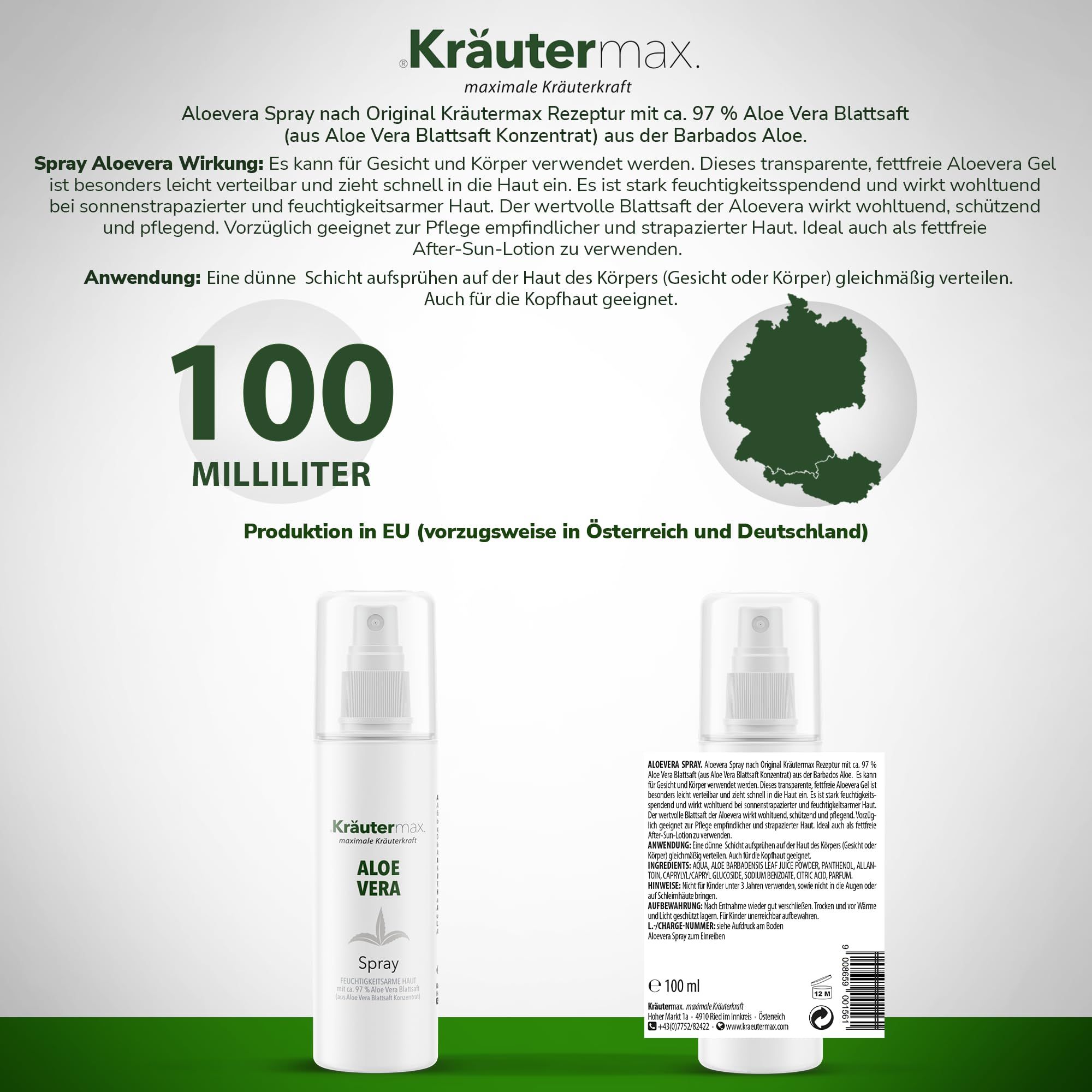 Produktabbildung mit Text. Flasche mit Kräutermax Aloe Vera Spray, 100 ml. Text über Wirkung und Anwendung.