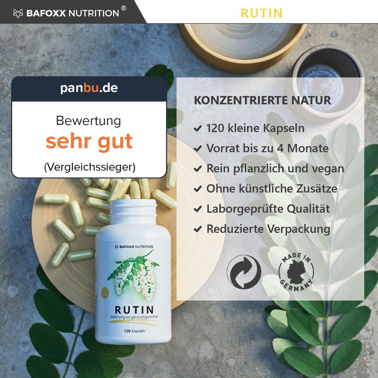Weiße Flasche mit "Rutin"-Kapseln. 120 Kapseln. Bewertung "sehr gut".
