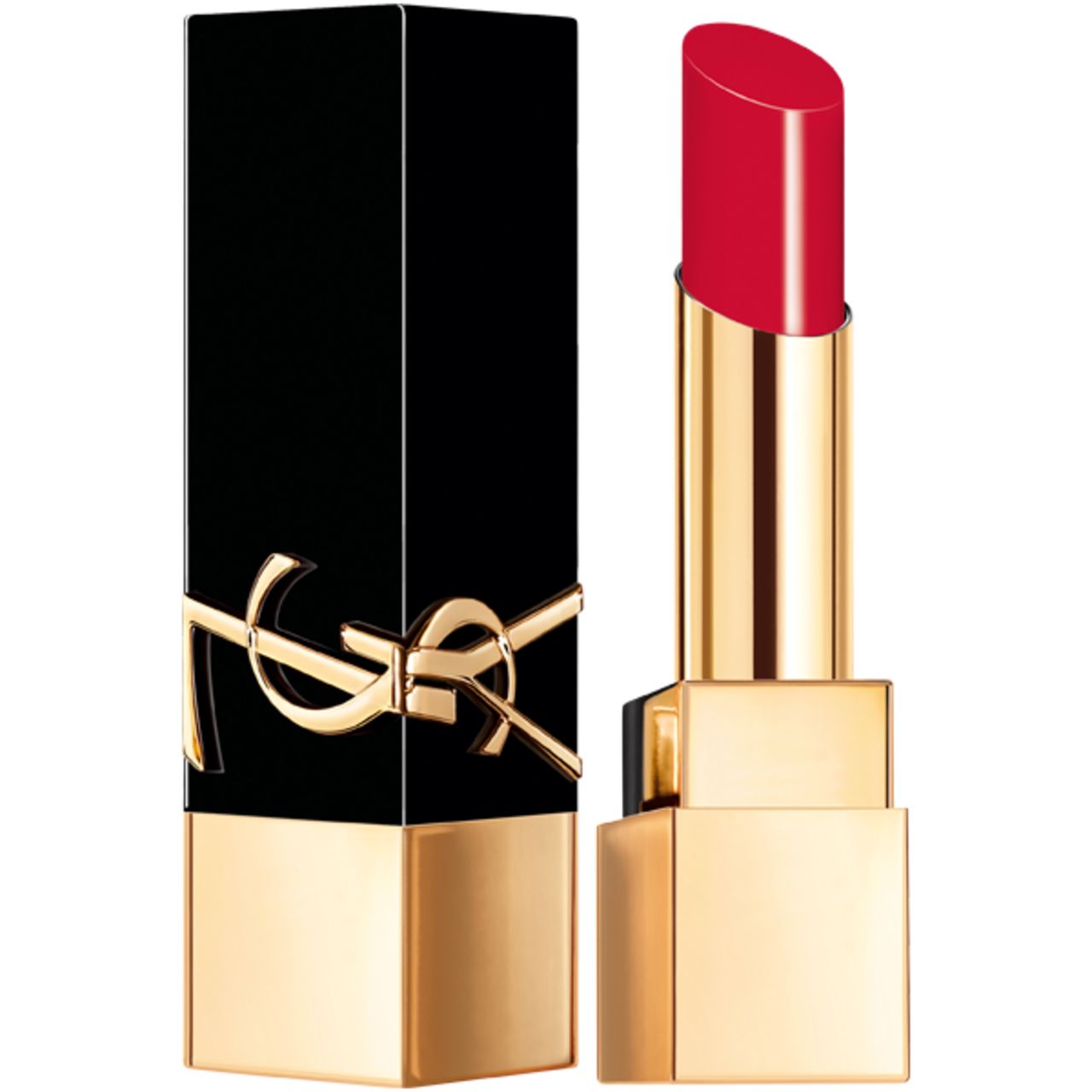 Lippenstift mit roter Mine. Schwarzer, goldfarbener Behälter mit YSL-Logo. Geöffnet, Mine sichtbar.