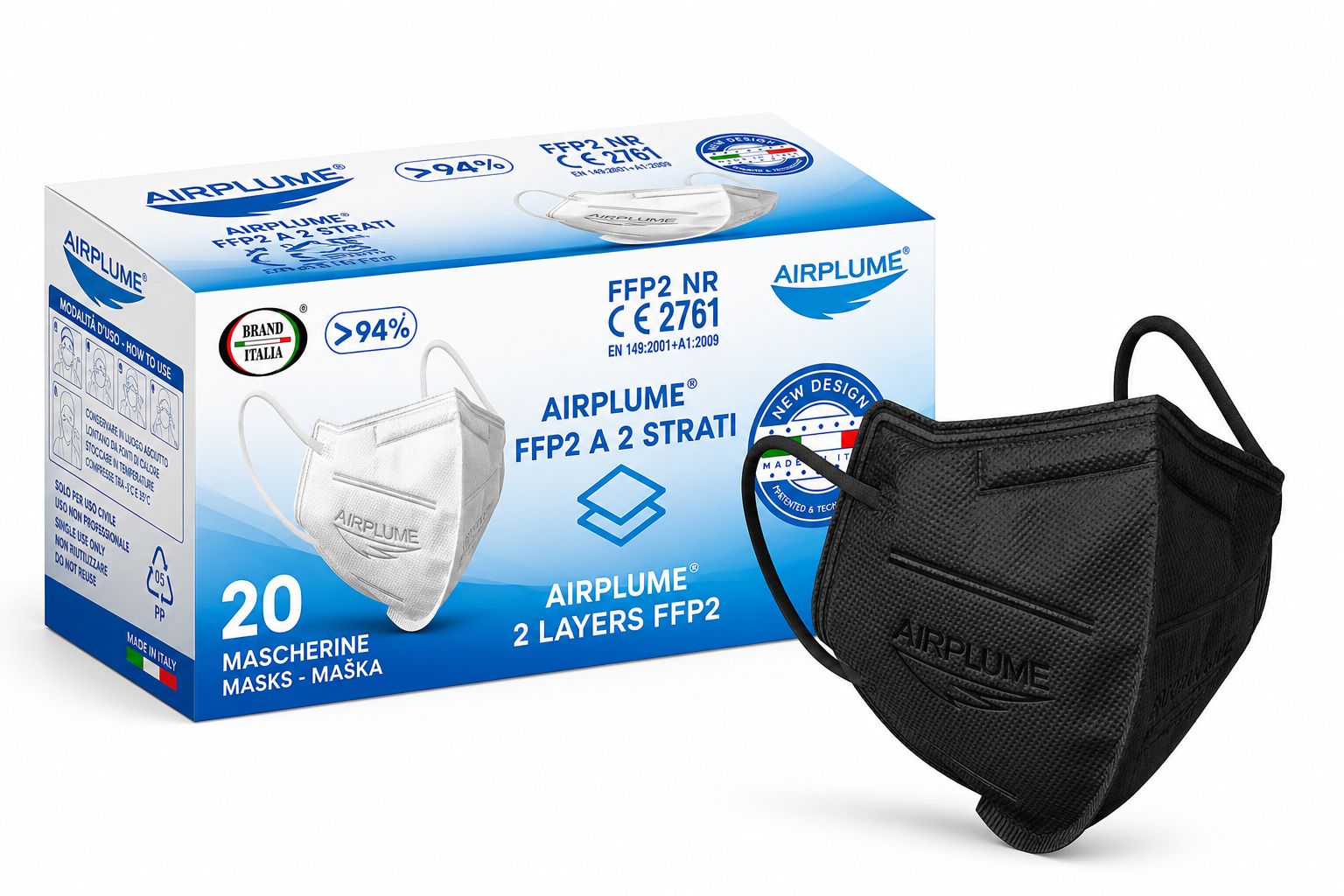 BRAND ITALIA - AIRPLUME FFP2 NR Mascherine colore Nero