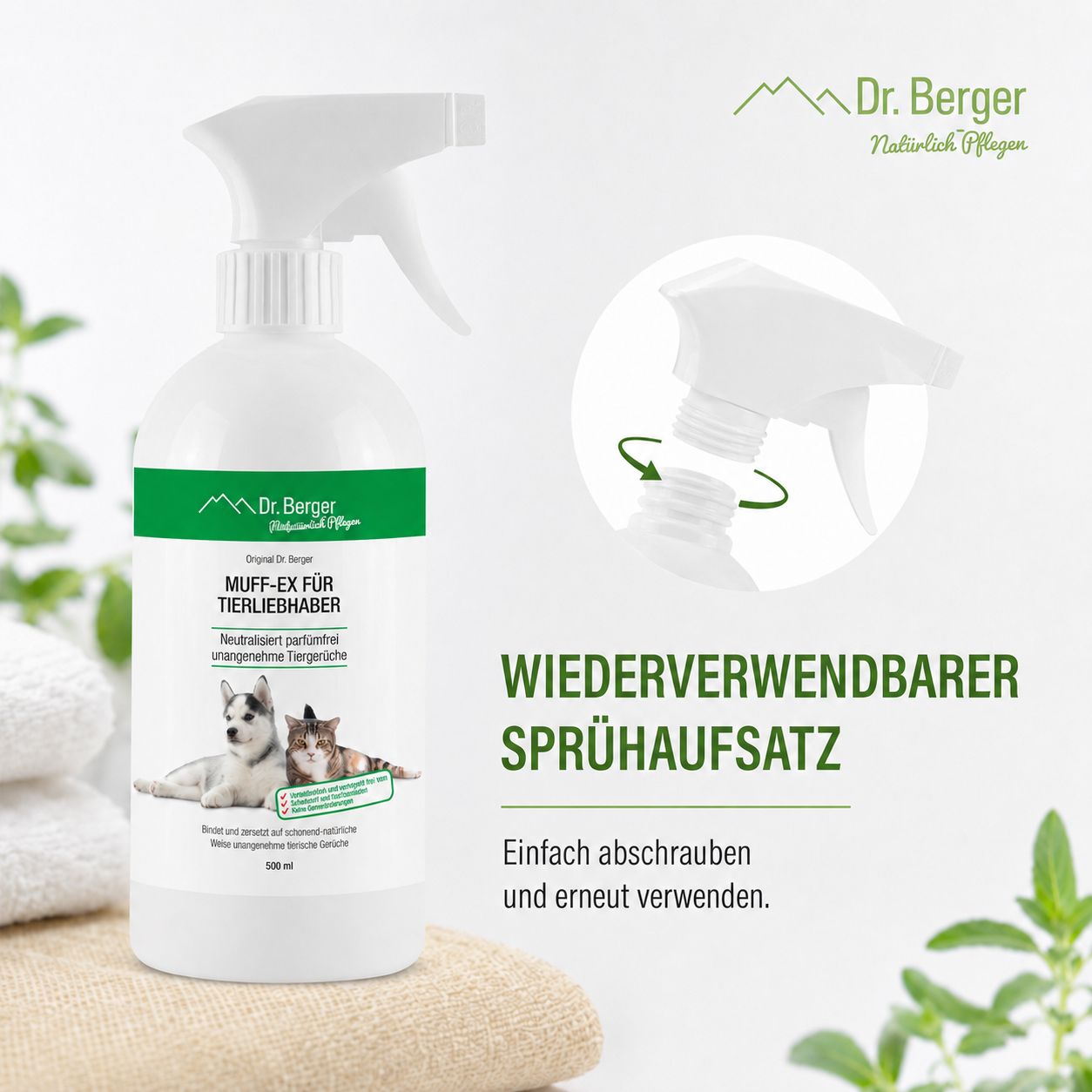 Sprühflasche mit Nahaufnahme des Sprühkopfes und des Etiketts.