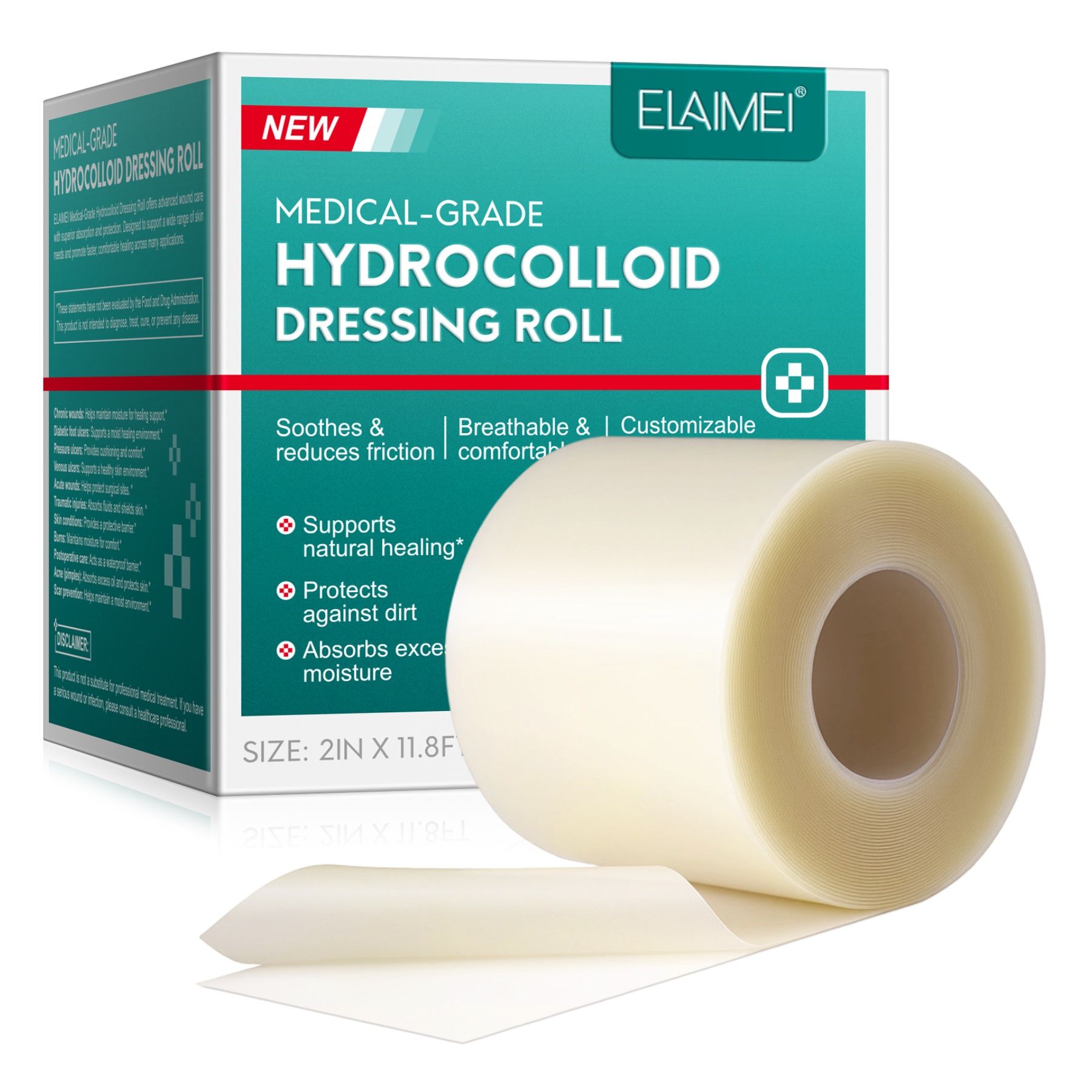 ELAIMEI Hydrocolloid Dressing Roll. Medizinische Qualität. 2in x 11.8ft. Reduziert Reibung, atmungsaktiv, anpassbar.
