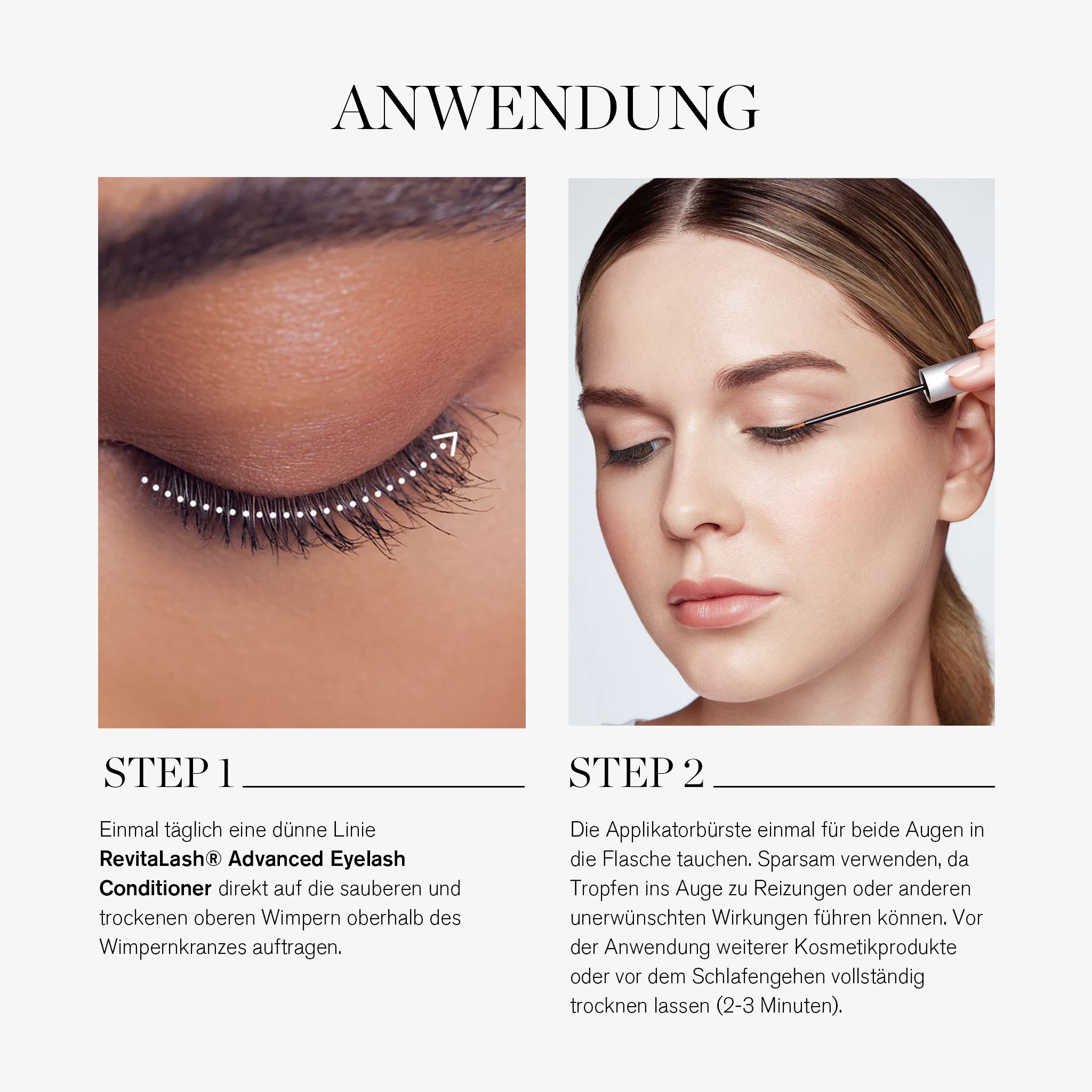 Anwendungsschritte für RevitaLash Advanced. Frau trägt das Produkt auf. Text und Pfeile zeigen die Anwendung.