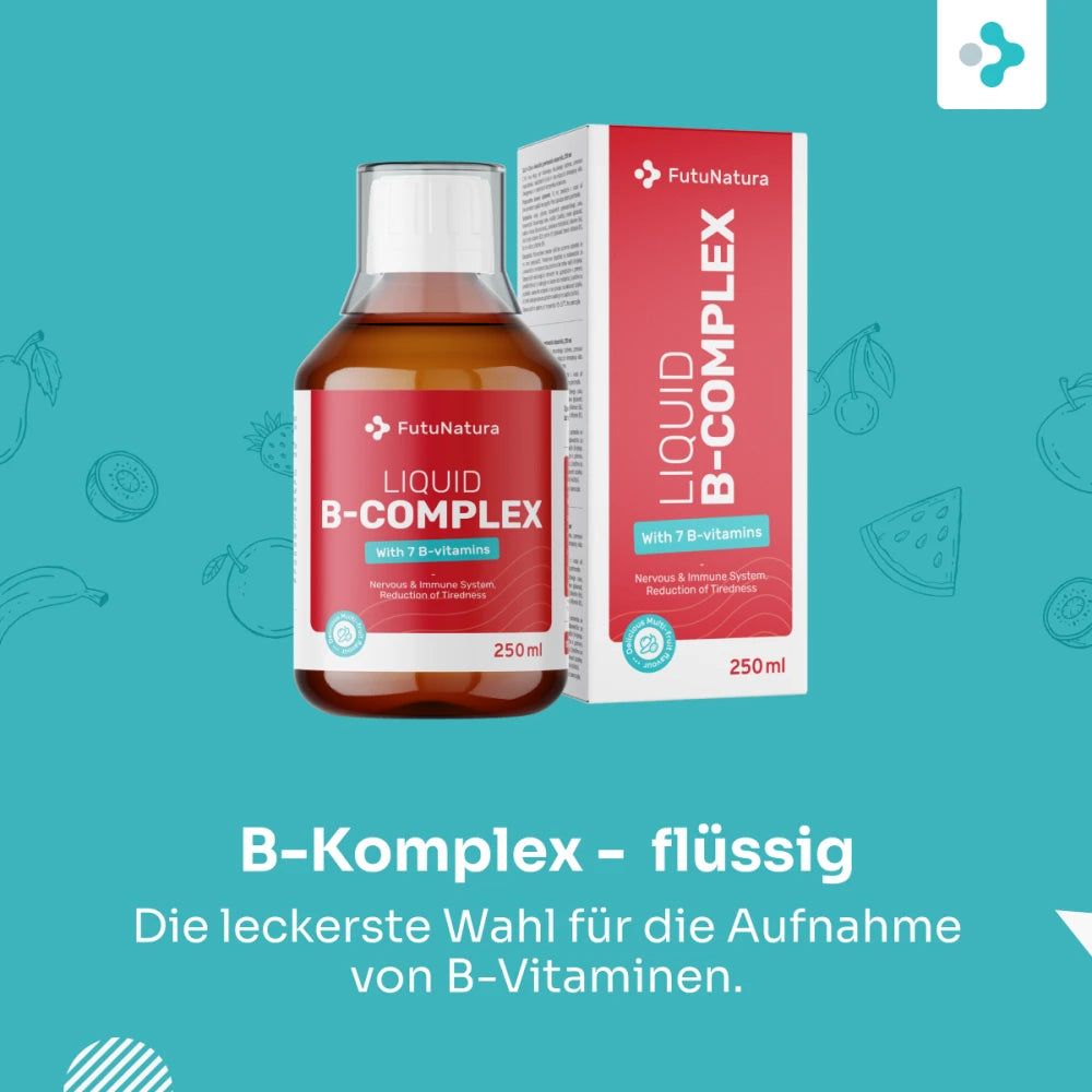 Flasche und Karton FutuNatura Liquid B-Complex mit Früchten.