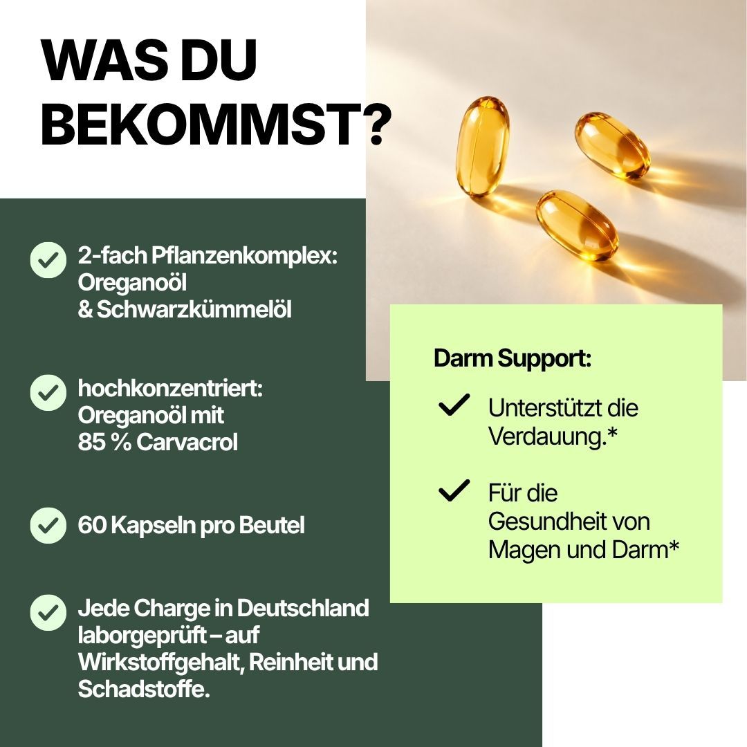 Drei goldene Weichkapseln mit Oreganoöl und Schwarzkümmelöl. Text: Darm Support.