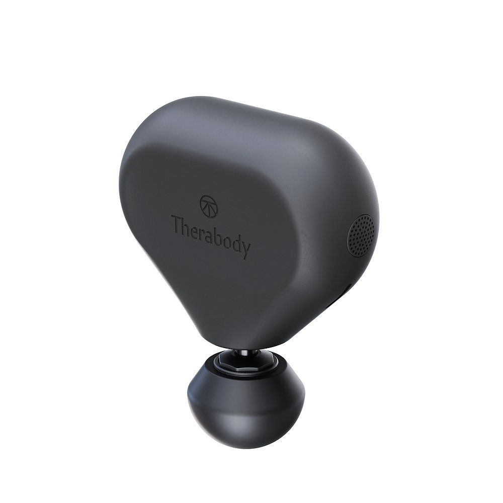Schwarzes Therabody Vibrationsmassagegerät. Ovale Form mit rundem Kopf. Therabody-Logo. Schwarzer Griff. Lautsprecheröffnung.