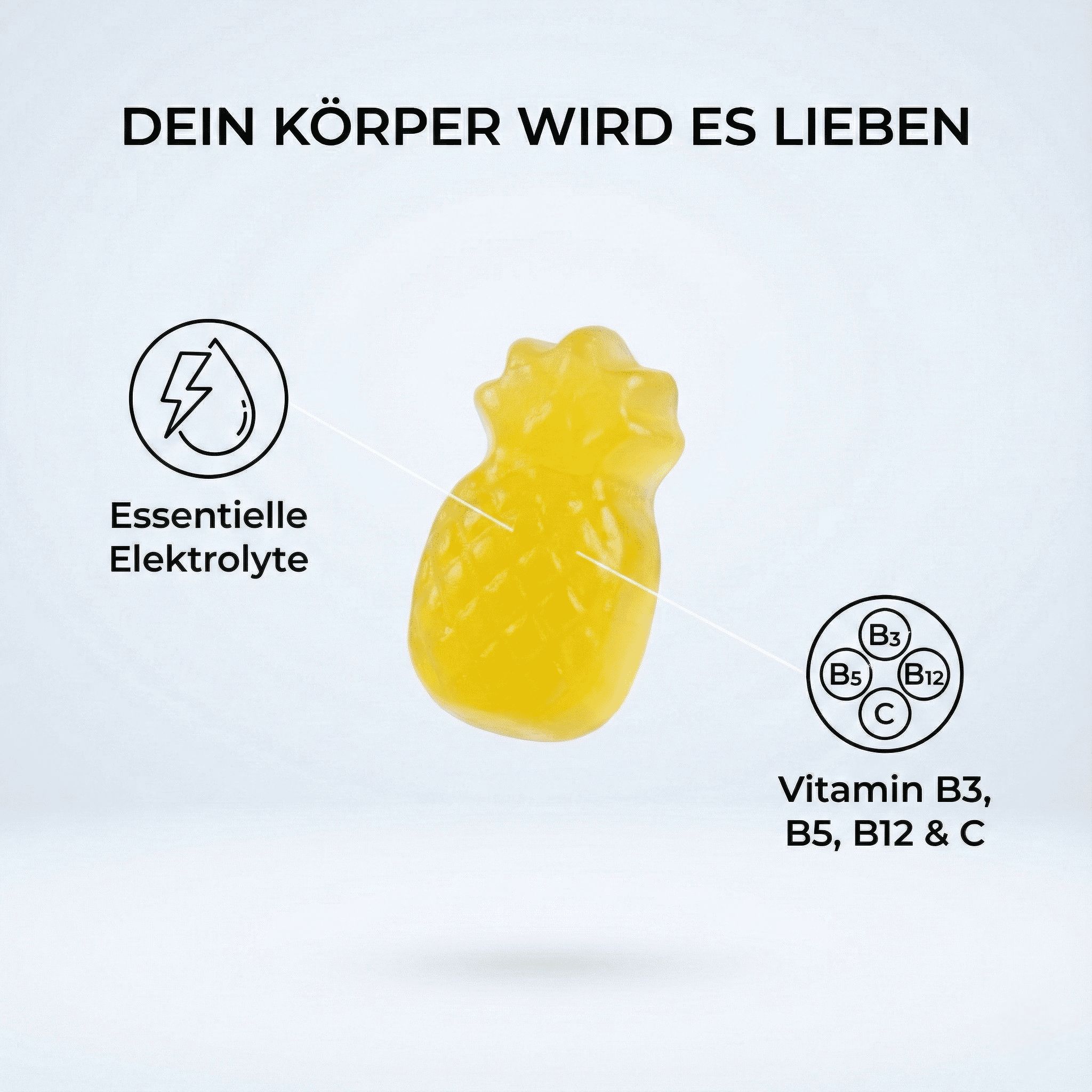 Gelbe Ananas-Gummibärchen. Beschriftung: Essentielle Elektrolyte, Vitamin B3, B5, B12 & C.