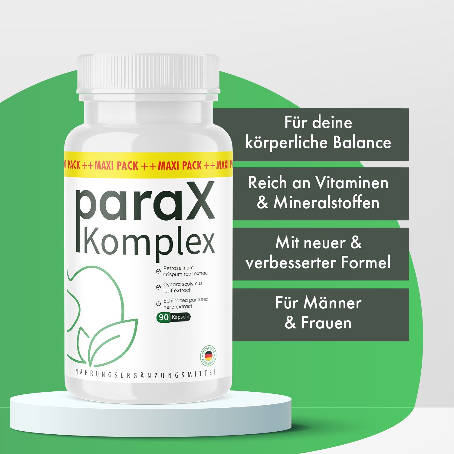 Weiße Kapsel-Dose mit "ParaX Komplex"-Logo. Text: Für deine körperliche Balance, reich an Vitaminen & Mineralstoffen, mit neuer & verbesserter Formel.
