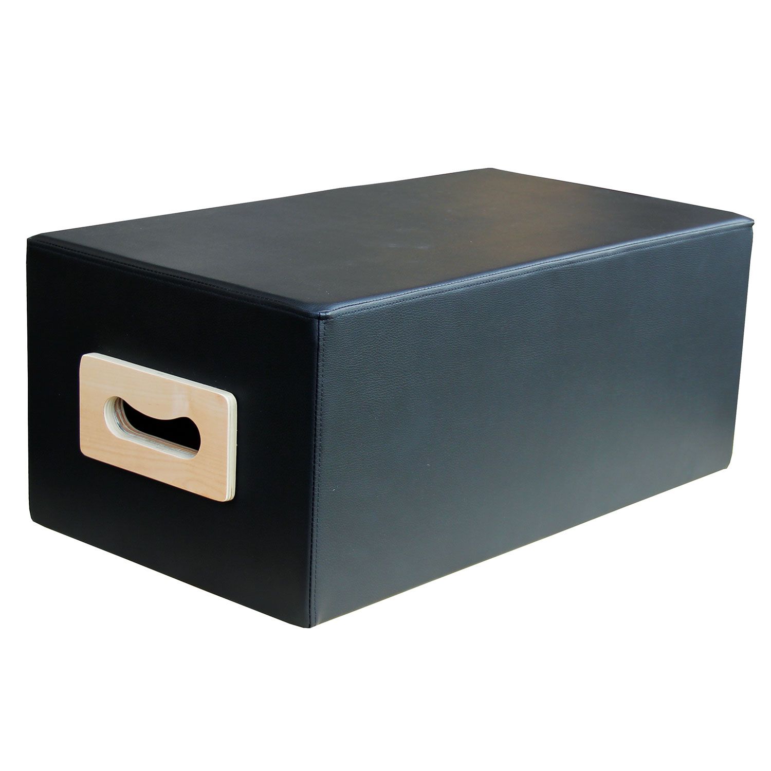 Schwarze, rechteckige Box mit Holzgriffen. Polsterung. Für Pilates-Übungen.