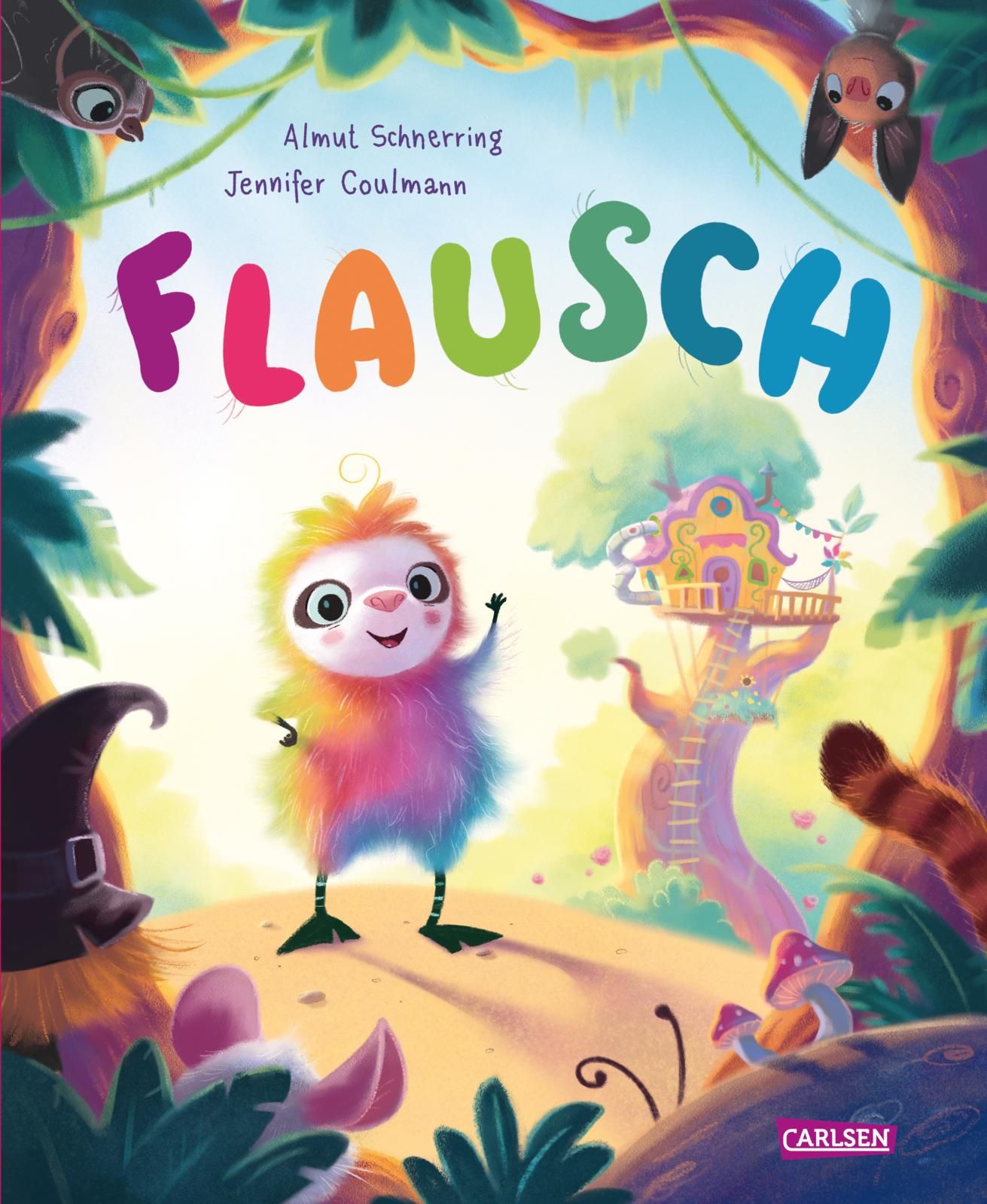Buchcover mit buntem Titel "Flausch". Ein farbenfrohes Tier steht vor einer Waldszene. Verlag Carlsen.