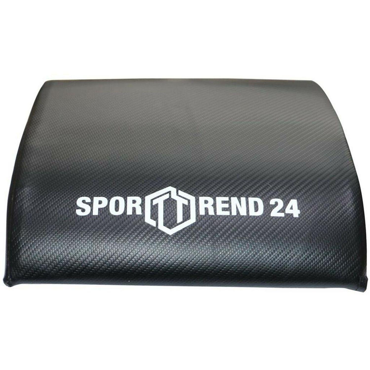 Schwarze Sporttrend24 Sit-Up-Matte. Karbonfaser-Optik. Weißes Logo. Halbmondform.