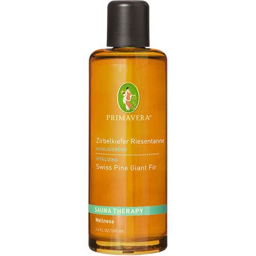 Braune Glasflasche mit schwarzem Deckel. Beschriftung: PRIMAVERA, Zirbelkiefer Riesentanne, Swiss Pine Giant Fir, Sauna Therapy.