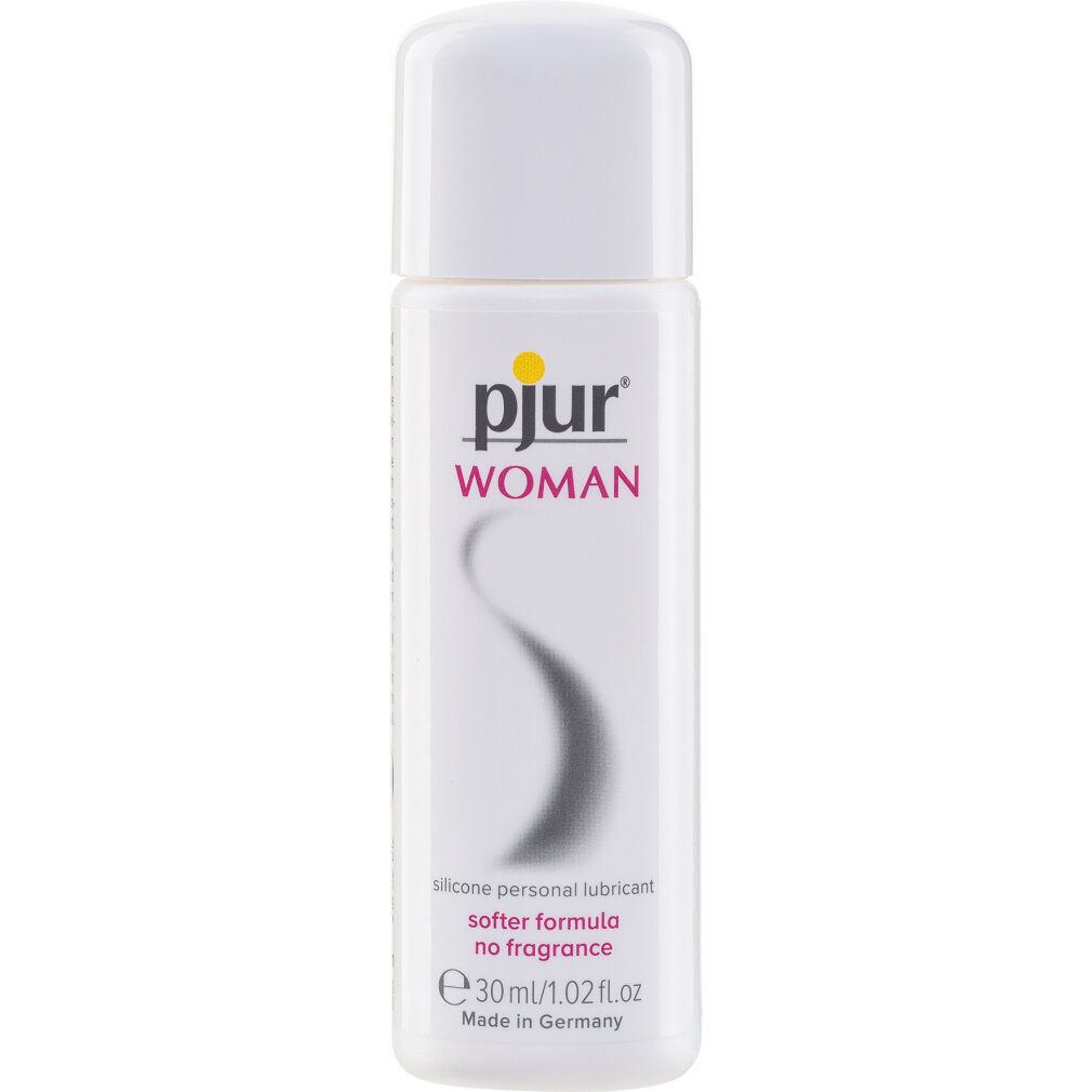 Weiße Flasche mit gelbem Logo und Schriftzug WOMAN. Text: silicone personal lubricant, softer formula no fragrance, e 30ml/1.02 fl.oz.