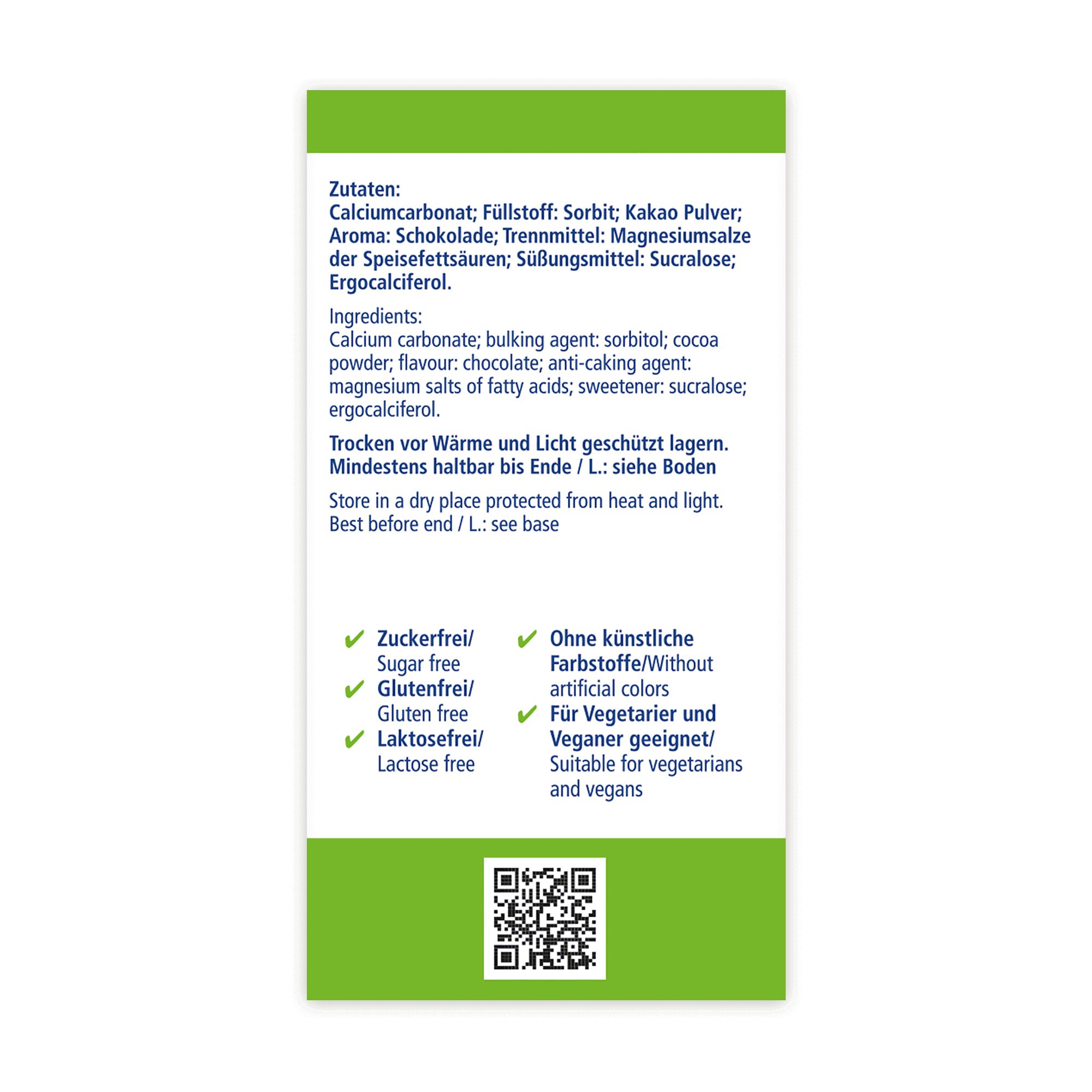 Zutatenliste für SUNLIFE Calcium Elefanten. Enthält Calciumcarbonat, Sorbit, Kakaopulver. Text auf weißem Hintergrund.