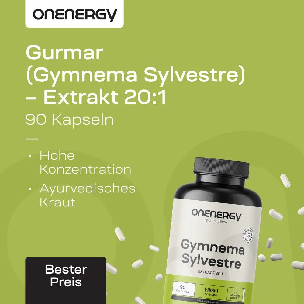 Produktflasche und Text auf grünem Hintergrund. Aufschrift: OnEnergy, Gymnema Sylvestre Extrakt 20:1, 90 Kapseln. Text: Hohe Konzentration, Ayurvedisches Kraut.