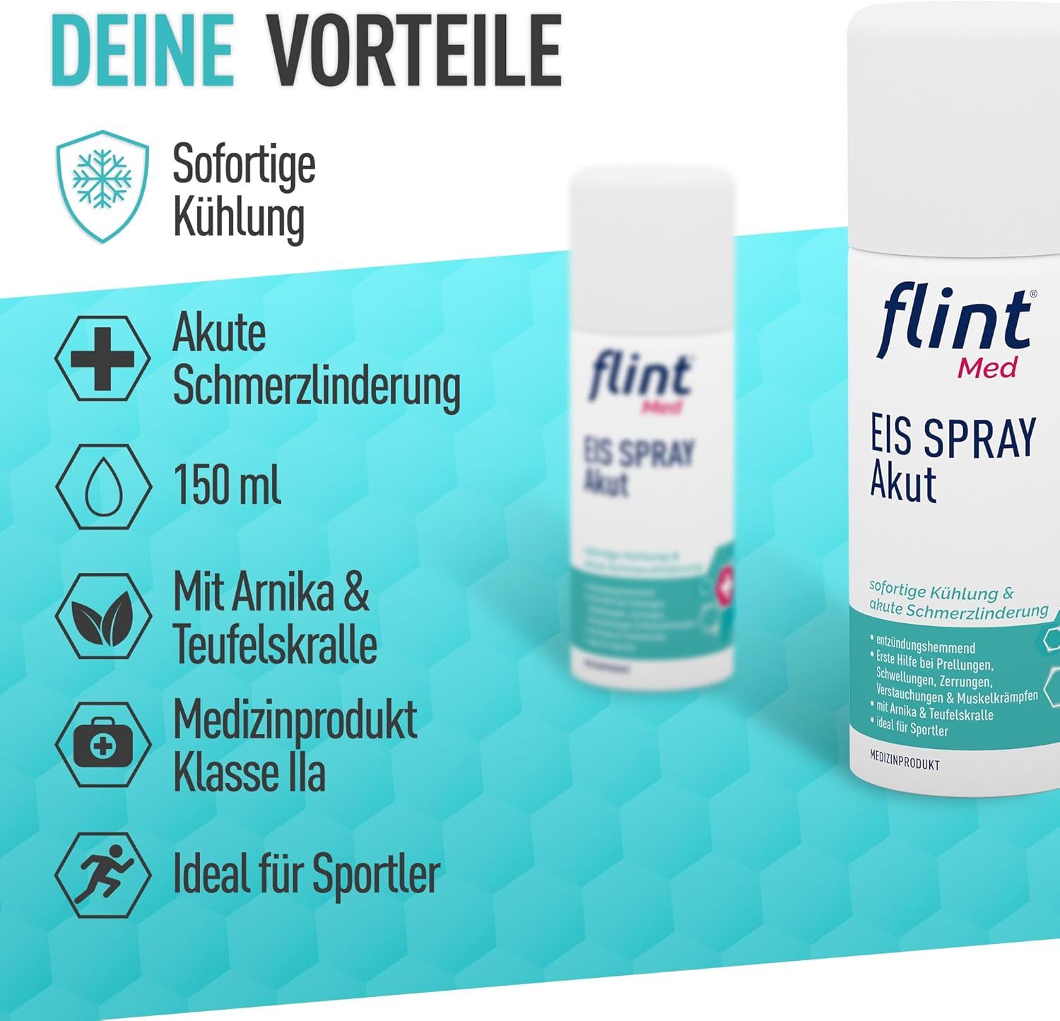 Weißes Spray: flint Med Eis Spray Akut. Text: Sofortige Kühlung, Akute Schmerzlinderung, 150 ml, mit Arnika & Teufelskralle, Medizinprodukt Klasse IIa, für Sportler.