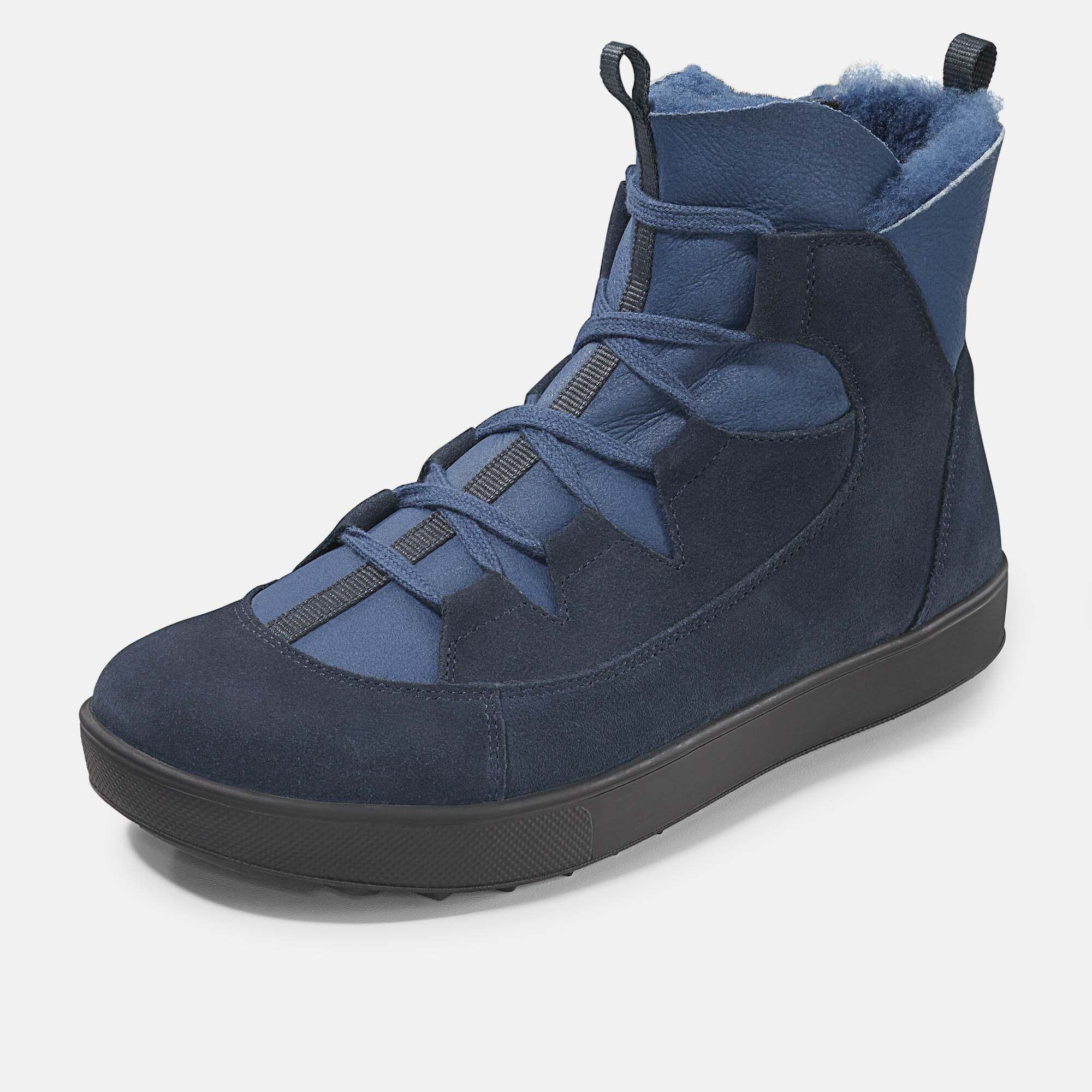 Dunkelblaue Stiefel mit Schnürung, hellblauem Obermaterial und cremefarbenem Futter.