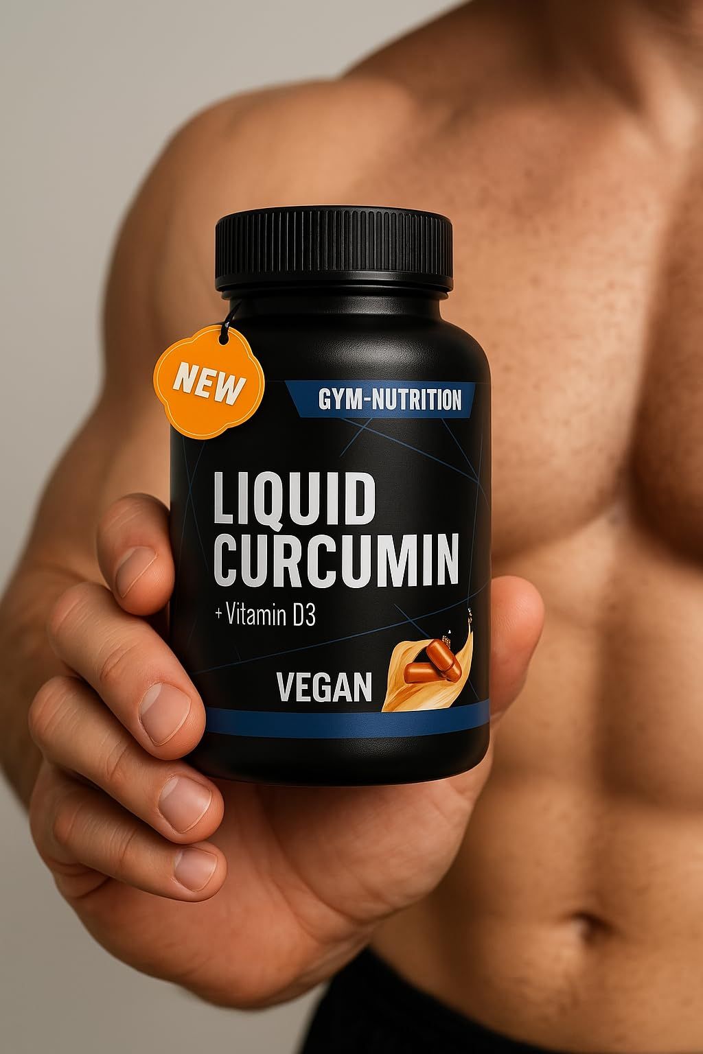 Mann hält schwarze Flasche. Aufschrift: Liquid Curcumin + Vitamin D3, Vegan. Orangefarbenes Etikett: NEW.