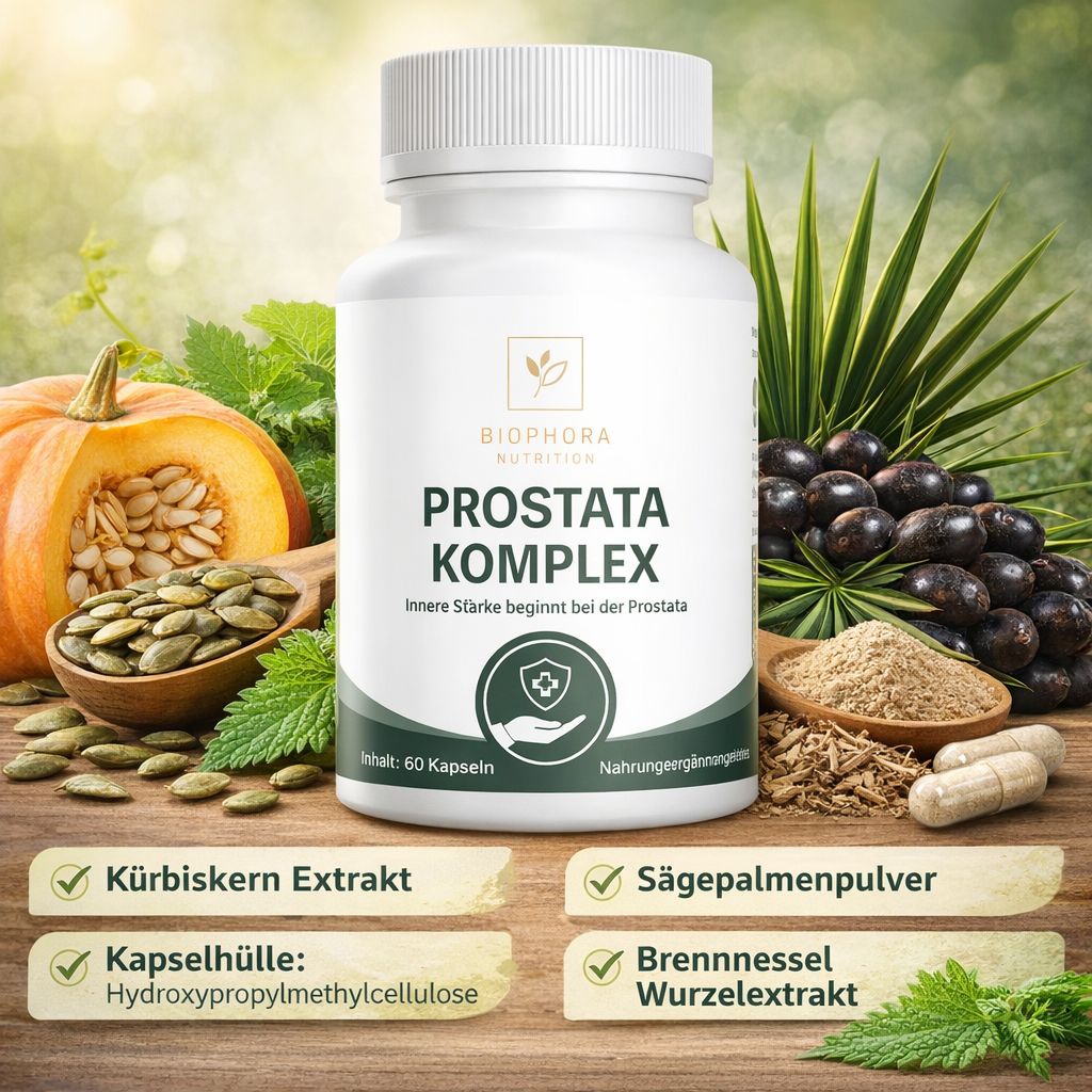 Weiße Flasche mit Kapseln. Aufschrift: Prostata Komplex. Elemente: Kürbis, Samen, Kräuter, Zutaten-Labels.