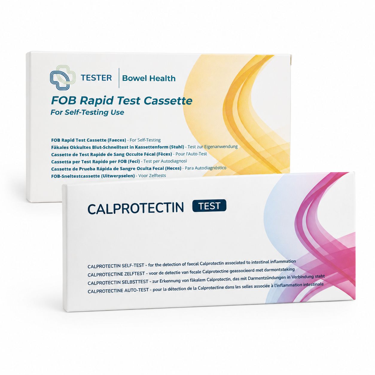 Zwei Testkits für den Darmgesundheitstest: FOB Rapid Test Cassette und Calprotectin Test.