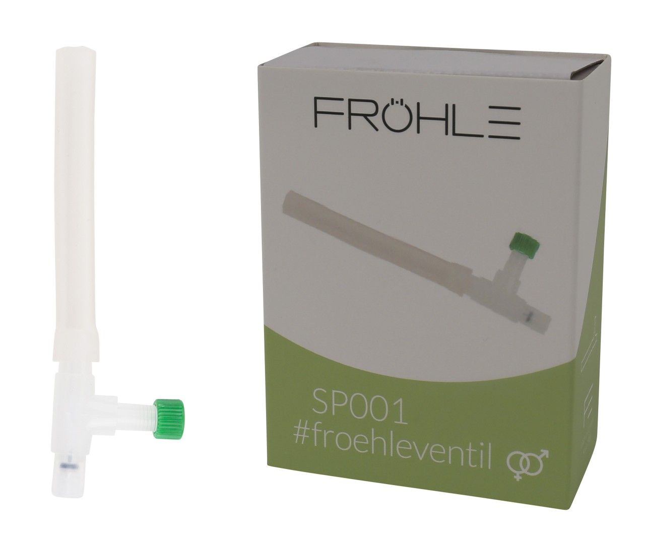 Produkt und Verpackung. Verpackung: FRÖHLE, SP001, #froehleventil. Produkt: weißes Ventil mit grünem Verschluss.