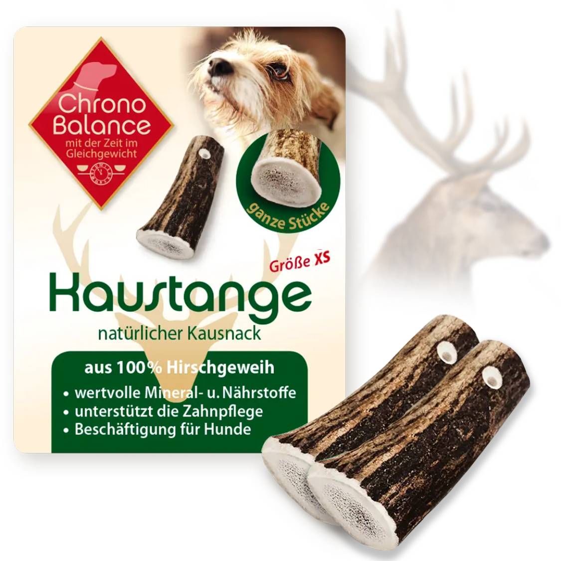 Zwei XS-Hirschgeweih-Kausnacks. Grün-weiße Verpackung mit Logo und Produktinformationen. Hundefoto oben.