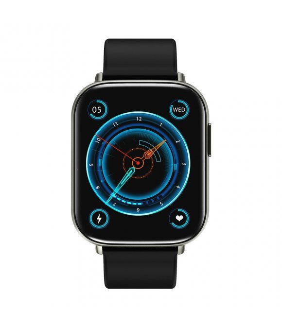Schwarze Smartwatch mit quadratischem Zifferblatt. Anzeige von Uhrzeit, Datum und Gesundheitsdaten. Schwarzes Armband.