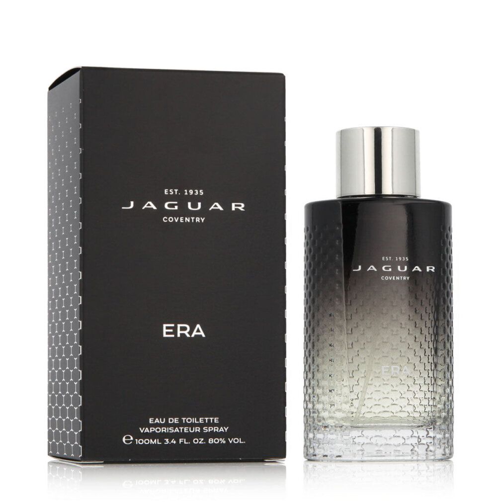 Schwarze Flasche mit silbernem Deckel und Verpackung. Aufschrift: Jaguar Era Eau de Toilette Spray.