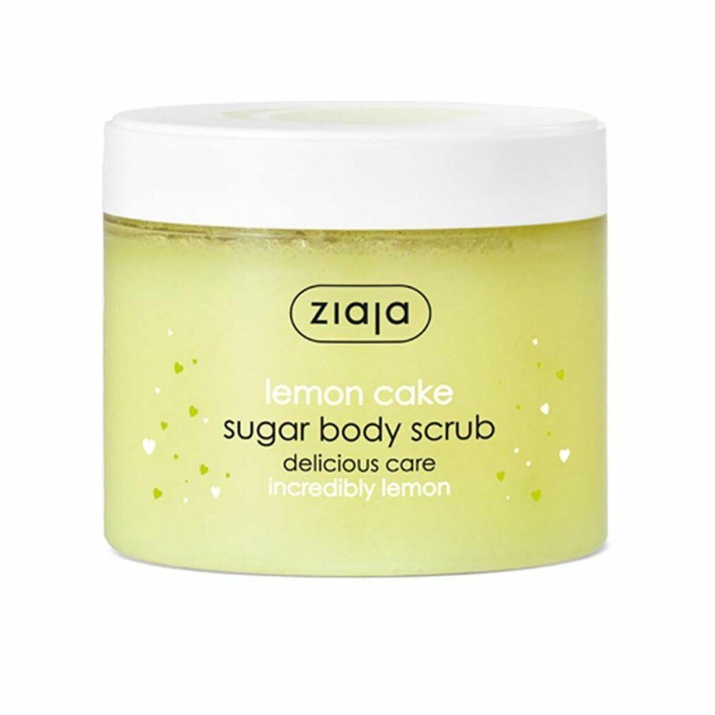 Ziaja Lemon Cake Zucker-Körperpeeling. Gelber Behälter mit weißem Deckel. Aufschrift: Sugar Body Scrub, delicious care, incredibly lemon.