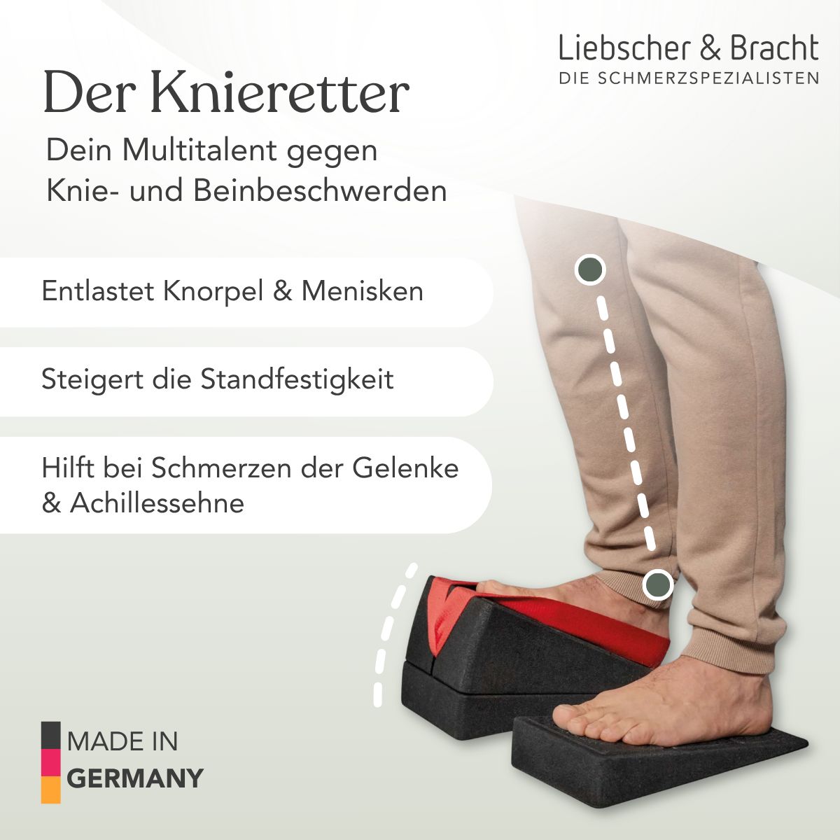 Anwendung des Liebscher & Bracht Knieretters zur Entlastung von Knie und Bein, Made in Germany.