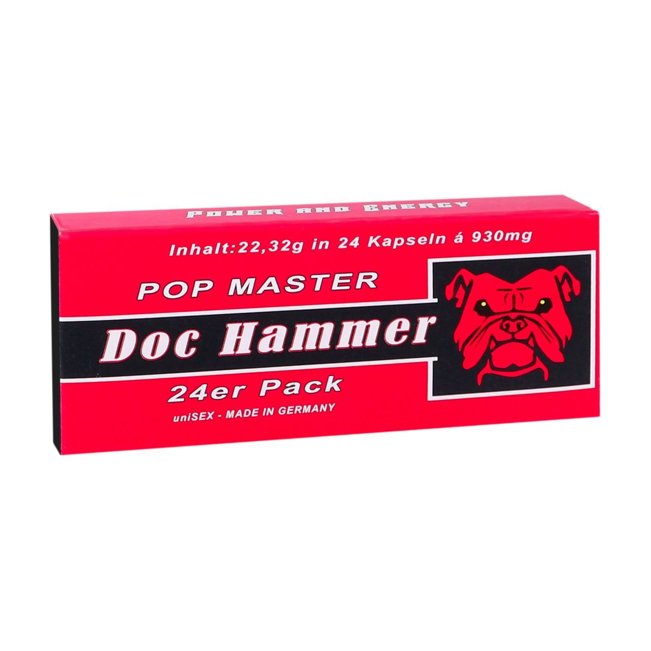 Rote Schachtel mit "Doc Hammer - Pop Master" Schriftzug und Bulldoggen-Logo. "24er Pack" und "Made in Germany".