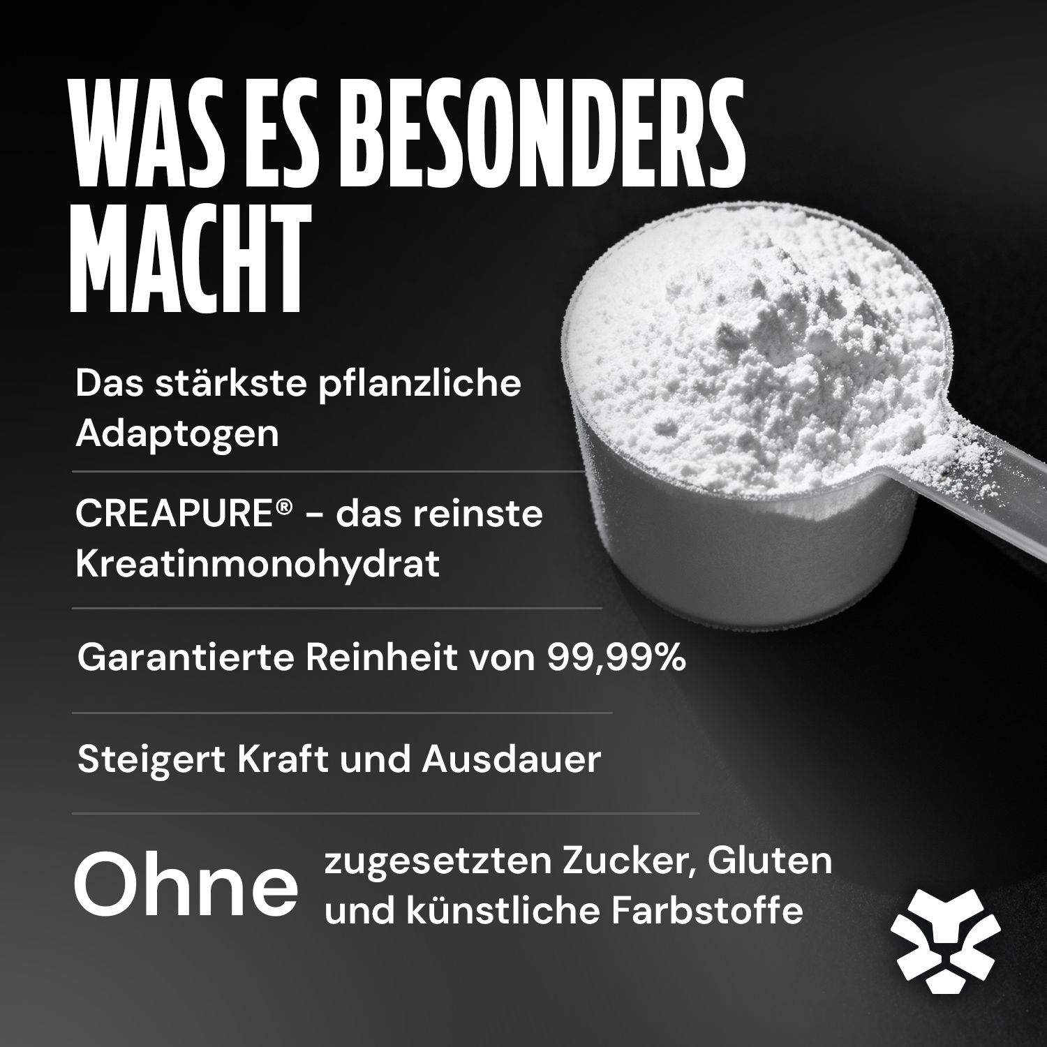 Messlöffel mit weißem Pulver, Creapure® - das reinste Kreatinmonohydrat, 99,99% Reinheit.