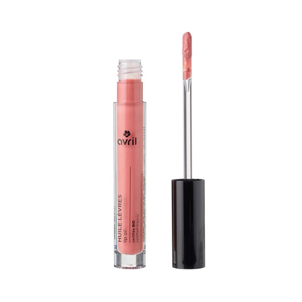 Lippenöl-Tube mit geöffnetem Deckel und Applikator. Aufschrift: Avril, Huile Lèvres, Certifié Bio.