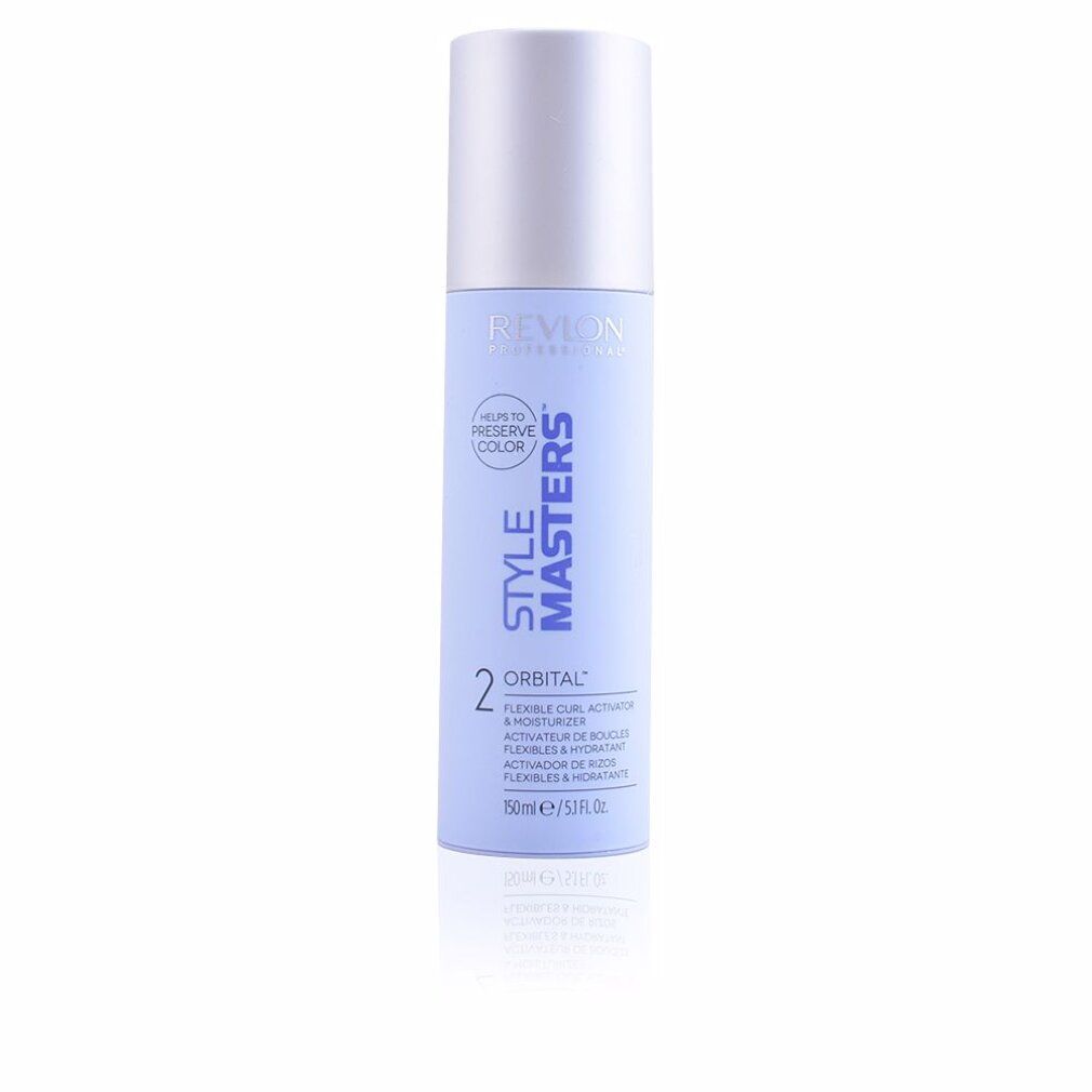 Revlon Style Masters 2 Orbital. Flexible Curl Activator & Moisturizer. Hellblaue Flasche mit silbernem Deckel. Produktbeschriftung.