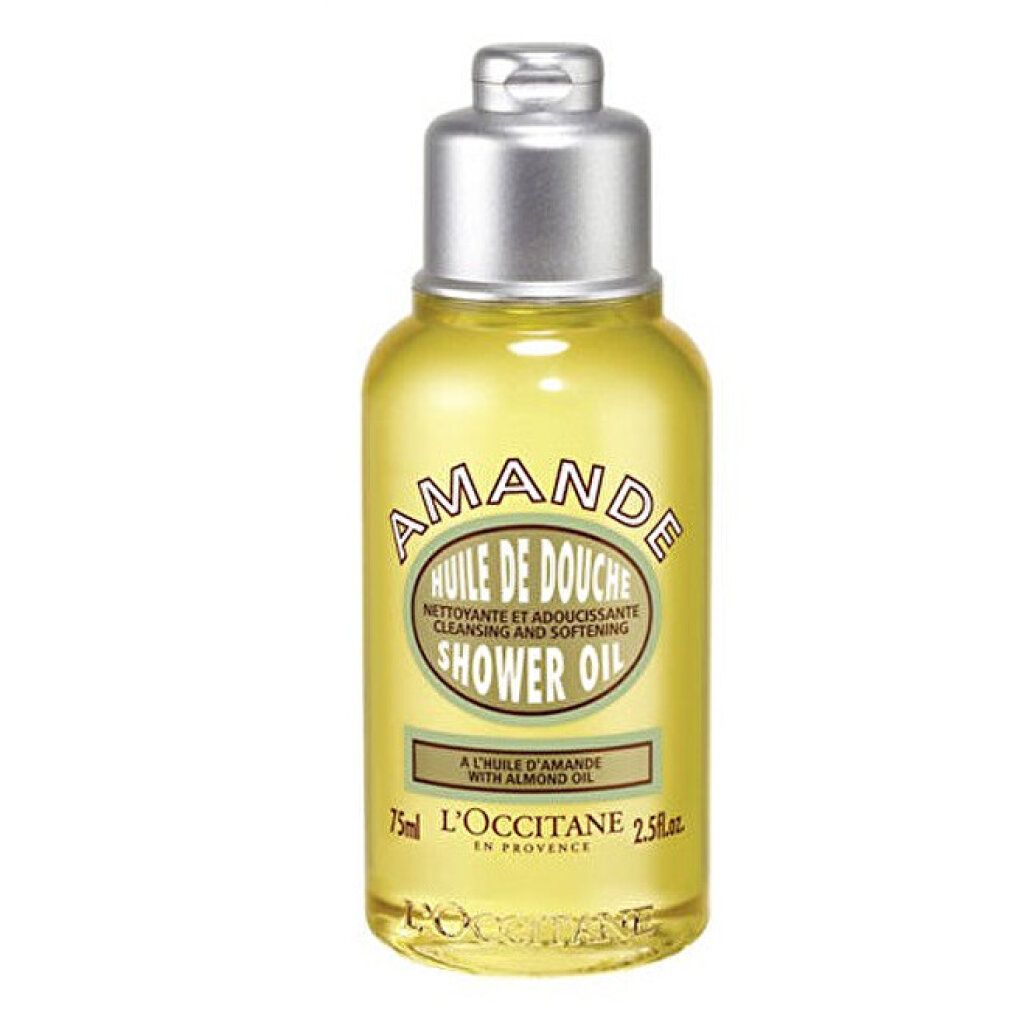 Klarflüssiges Duschgel in einer kleinen Flasche mit silbernem Deckel. Aufschrift: "AMANDE" und "Shower Oil". Marke: L'Occitane.