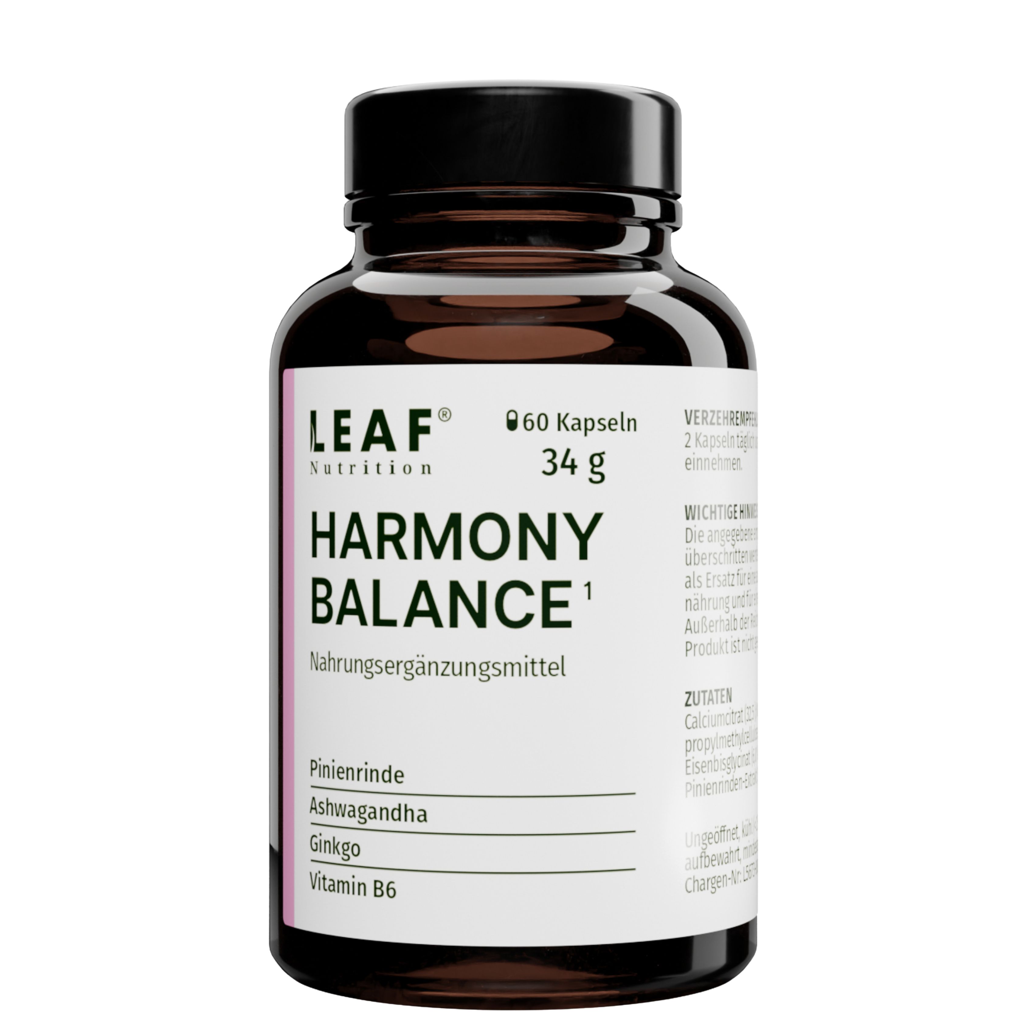 Braune Flasche mit schwarzem Deckel. Aufschrift: LEAF Nutrition, Harmony Balance, Nahrungsergänzungsmittel. Enthält 60 Kapseln.
