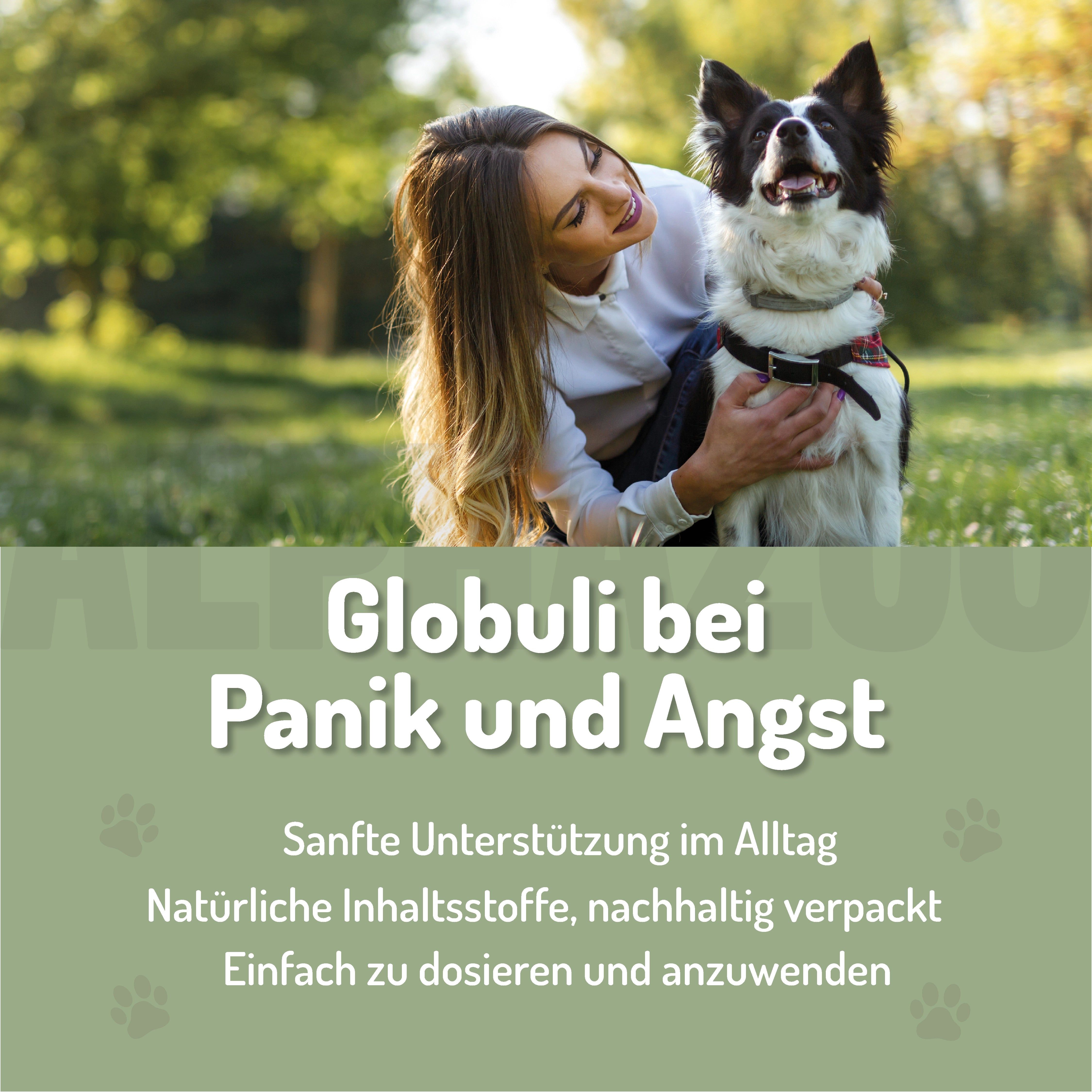 Frau und Hund im Freien. Text: Globuli bei Panik und Angst. Sanfte Unterstützung im Alltag. Natürliche Inhaltsstoffe, nachhaltig verpackt.